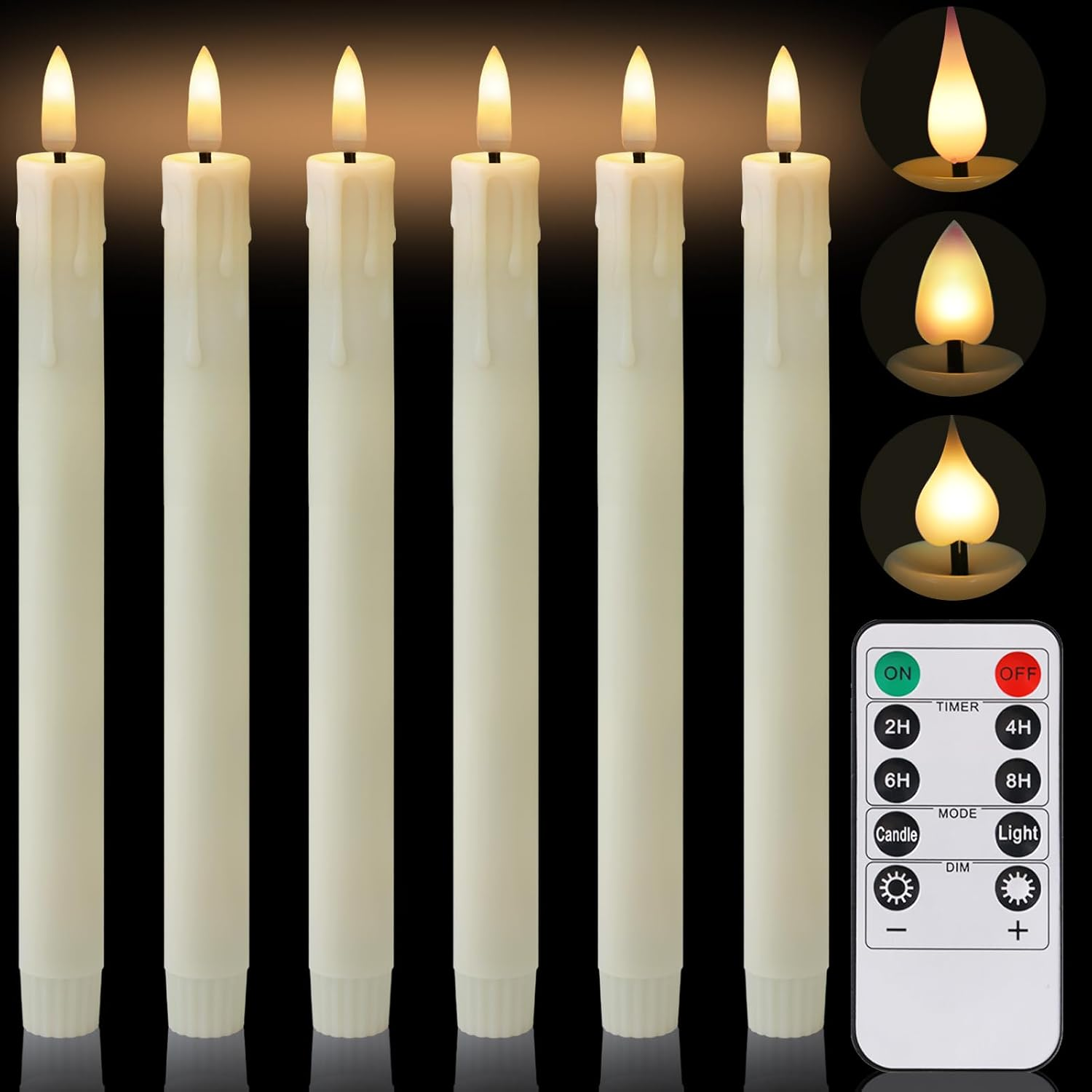 Neween Rechargeable Flameless Taper Candles, LED Candlesticks Flickering, Battery Operated Candles with Remote Timer Replacement Light Head for Home Wedding Christmas Decor, 6 Pcs, Ivory