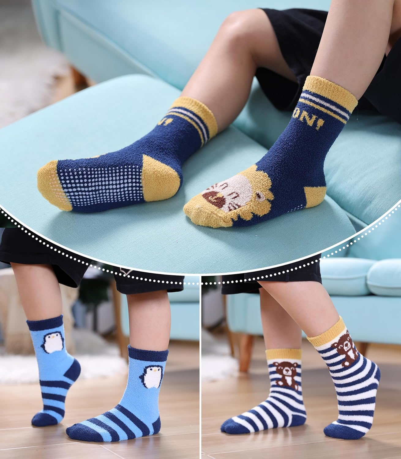 LINEMIN Kids Boys Toddlers Fuzzy Socks with Grips Cute Fun Animal Cozy Fluffy Winter Warm Non Slip Crew Socks 6 Pairs image number 3
