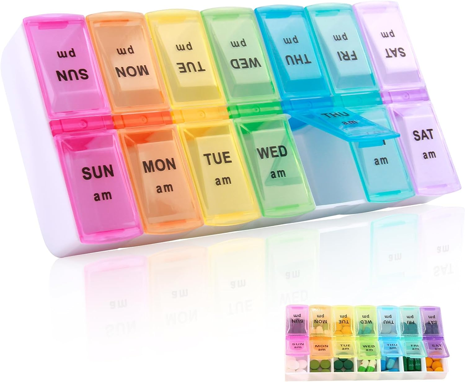 Bushhaven Pill Organiser Box - Weekly 7-Day AM/PM Pill Case with 14 Removable Compartments for Vitamins, Fish Oil, Supplements & Medication | Portable Travel Pill Organiser Box image number 3