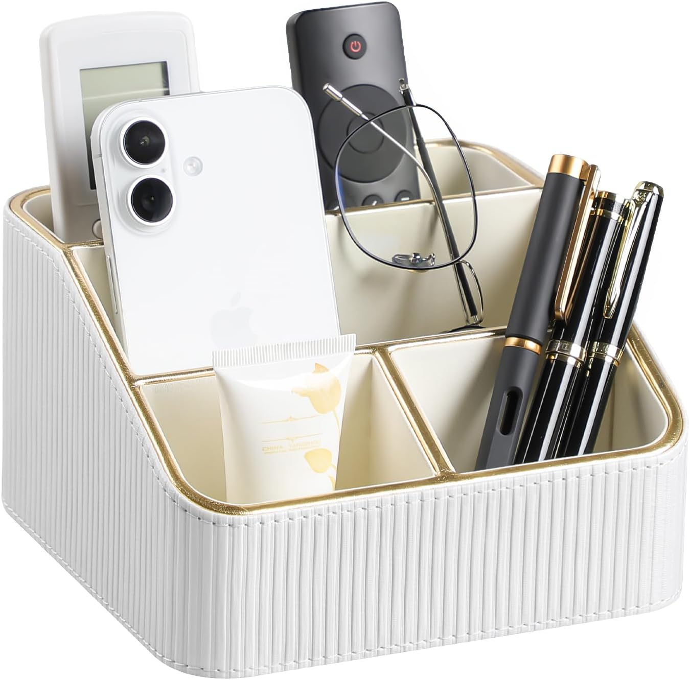 Cretkhp Remote Control Holder with 4 Compartments, PU Leather Small Nightstand Organizer for Home Desk Accessories Office Supplies, Multifunctional Stylish Small Bedside Desktop Organizers (White)