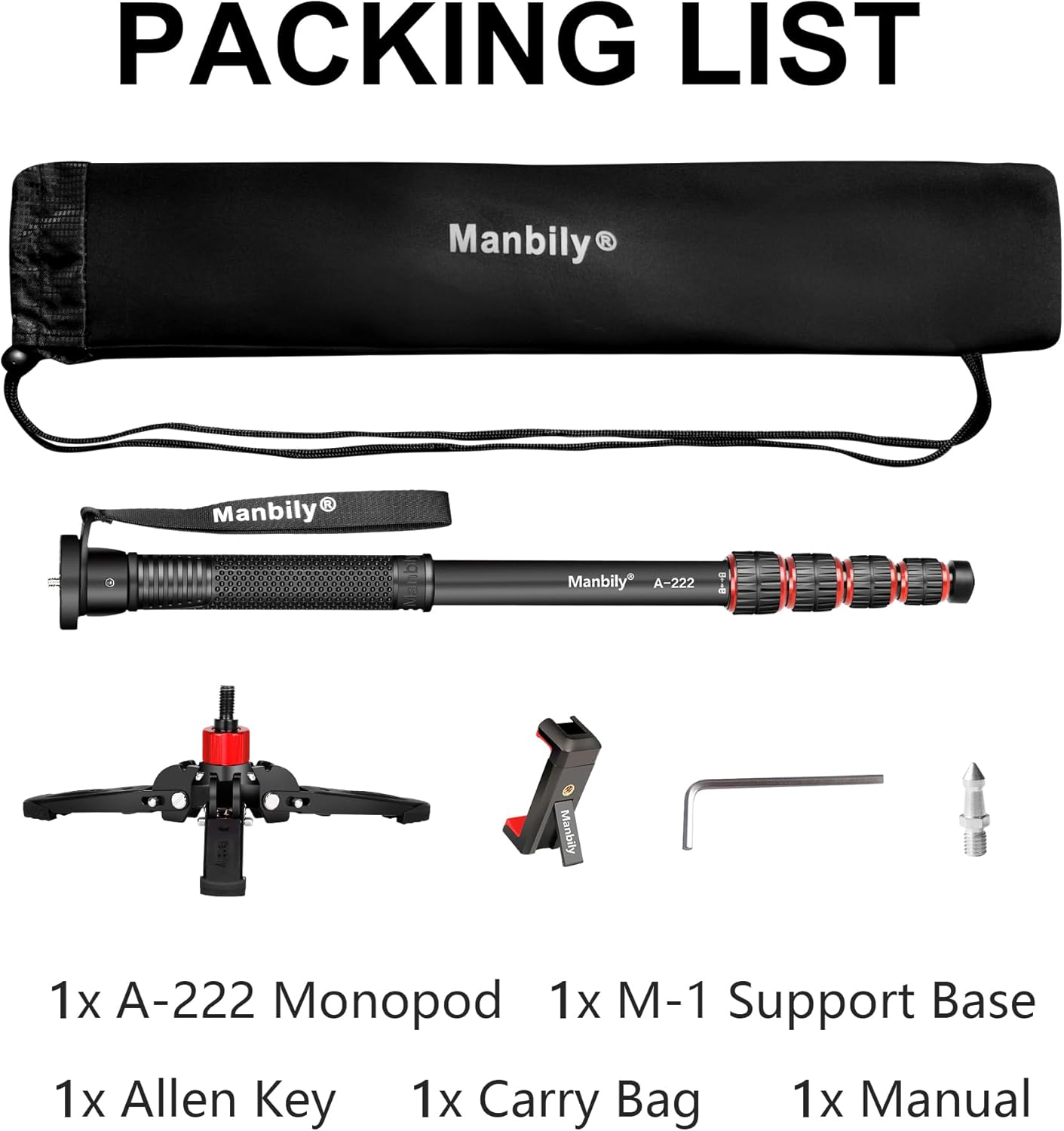 Manbily Extendable Camera Aluminum Monopod with Feet, 170Cm Monopods for Cameras Portable with Removable Tripod Base for DSLR Canon Nikon Sony Video Camcorder, 5 Sections, Max Load 15.5 Lbs (A-222) - Black+Red image number 2