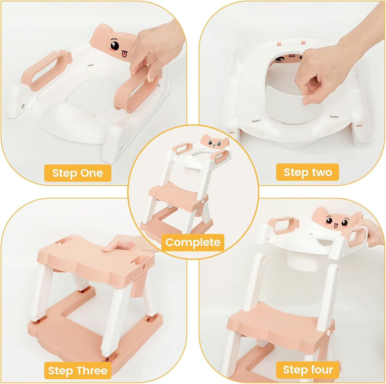 Potty Training Seat with Step Stool, Foldable Training Ladder anti Slip, Adjustable Height Comfortable Safe Potty Seat for Kids Boys Girls (Pink)