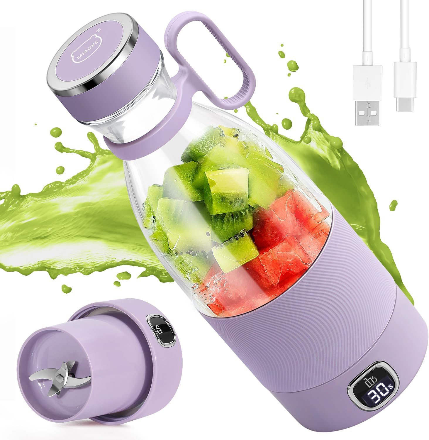 Portable Blender, MIAOKE 6 Blades Juicer Cup for Juice Shakes and Smoothies 350Ml Mini Blender with Led Display Usb Rechargeable,3000Mah Rechargeable Battery, for Home Sports Outdoors Travel-Prple image number 2