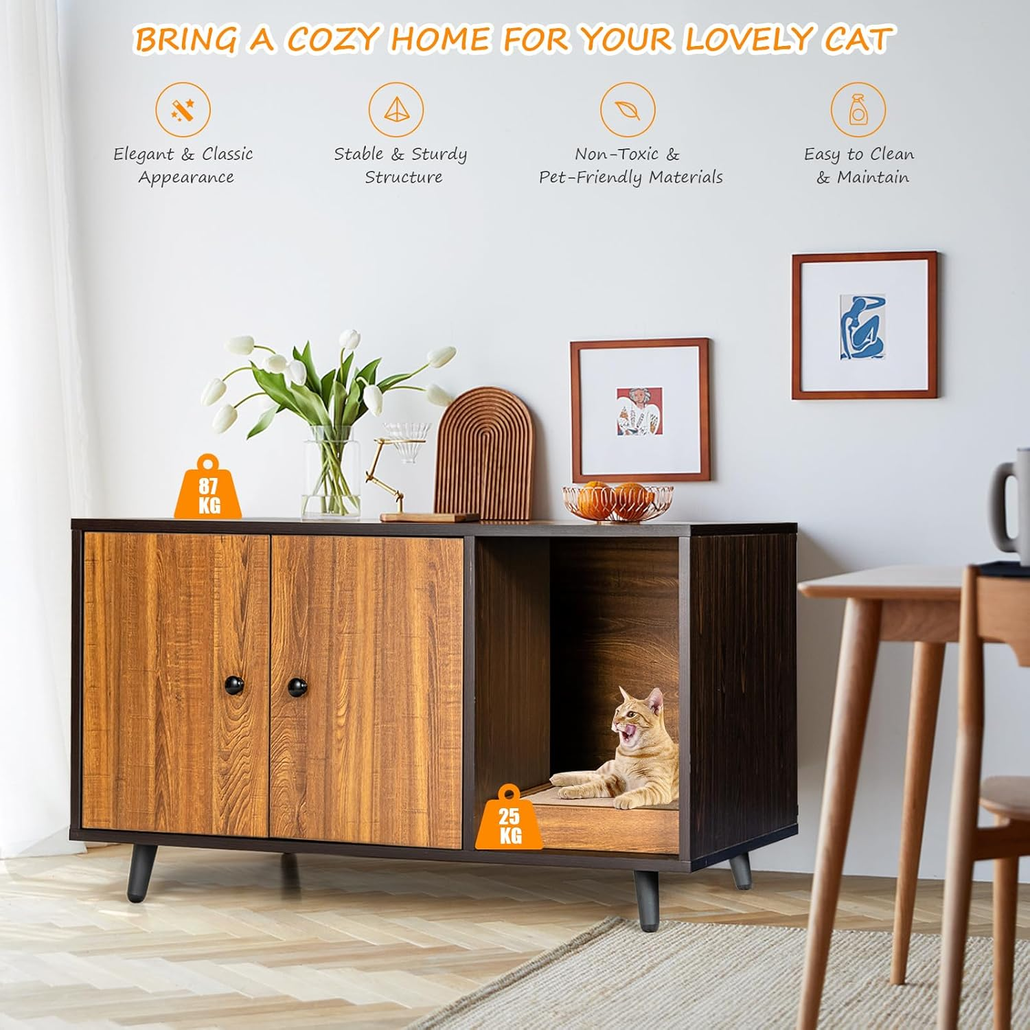 Costway Wooden Cat Litter Box Enclosure Bench, Hidden Cat Box Cabinet Furniture W/Doors, Removable Scratch Box, Water & Scratch-Proof, Walnut Cat Washroom House End Table for Indoor image number 4