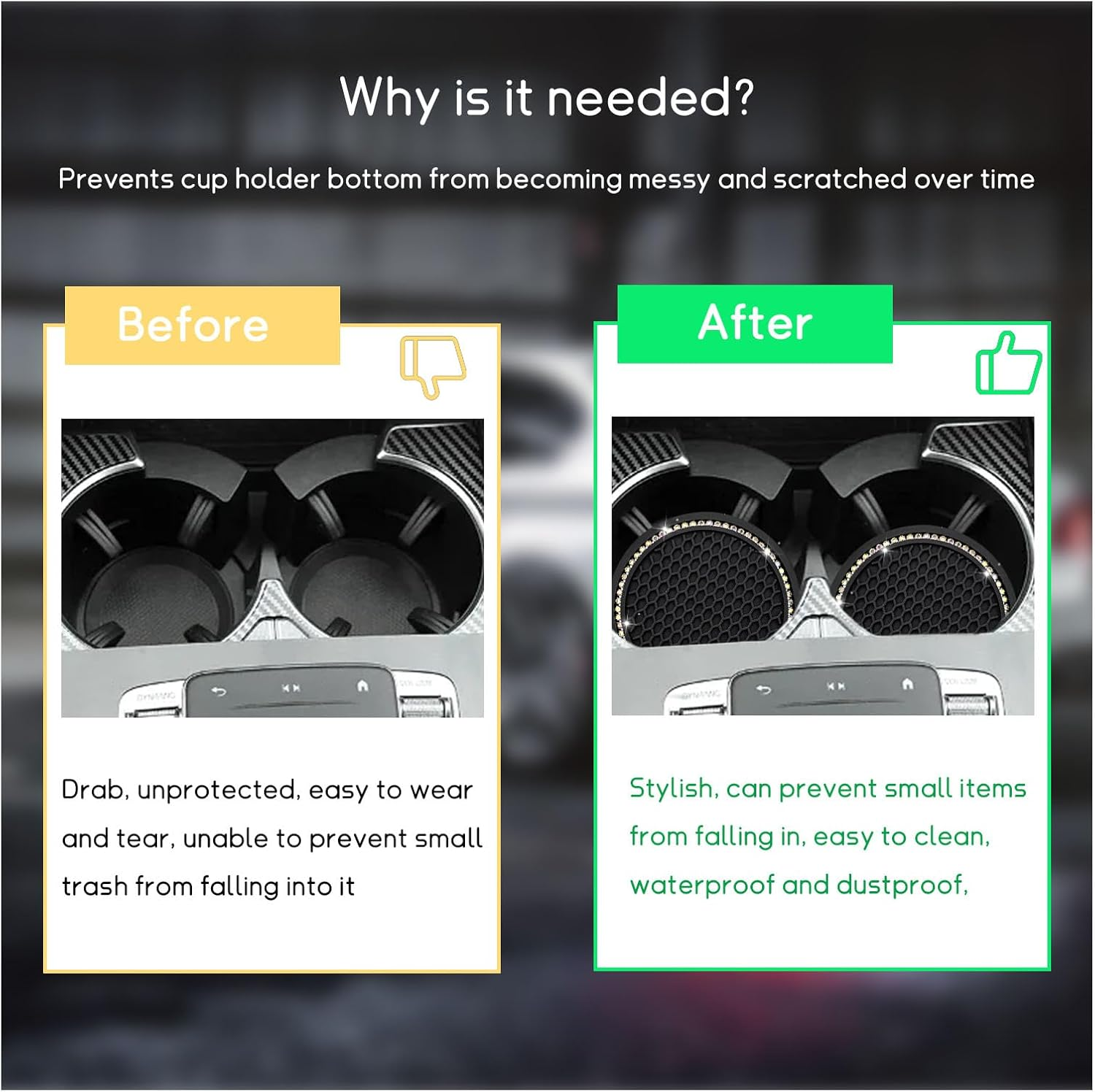 4 PCS Bling Car Cup Coaster, 2.75 Inch Crystal Rhinestone Auto Cup Holder Insert Coaster, Anti-Slip Durable Car Drink Cup Mat, Universal Vehicle Interior Decor Accessories (Black & AB) - Black  Colorful image number 2