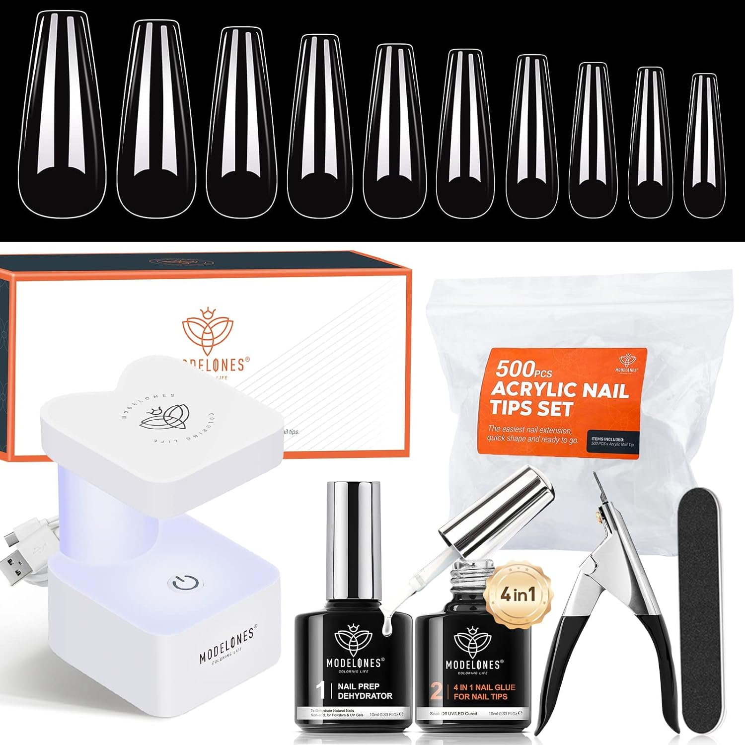 Modelones Gel X Nail Kit 500Pcs Almond Tips 4In1 Nail Glue Gel Nails Tips Portable UV/LED Lamp Salon Acrylic Nails Extension Set for Home Use