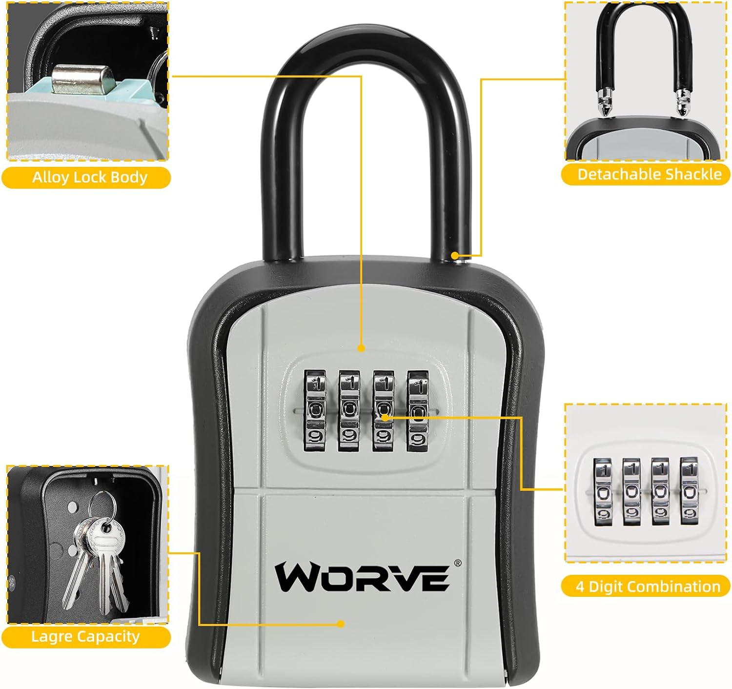 Worve Key Lock Box,Lock Box for House Key, 4-Digit Combination Security Lockbox, Portable Wall Mounted Storage Lock Box for Home, Office, Apartment Spare Key Storage (1 Pack, Black) image number 6