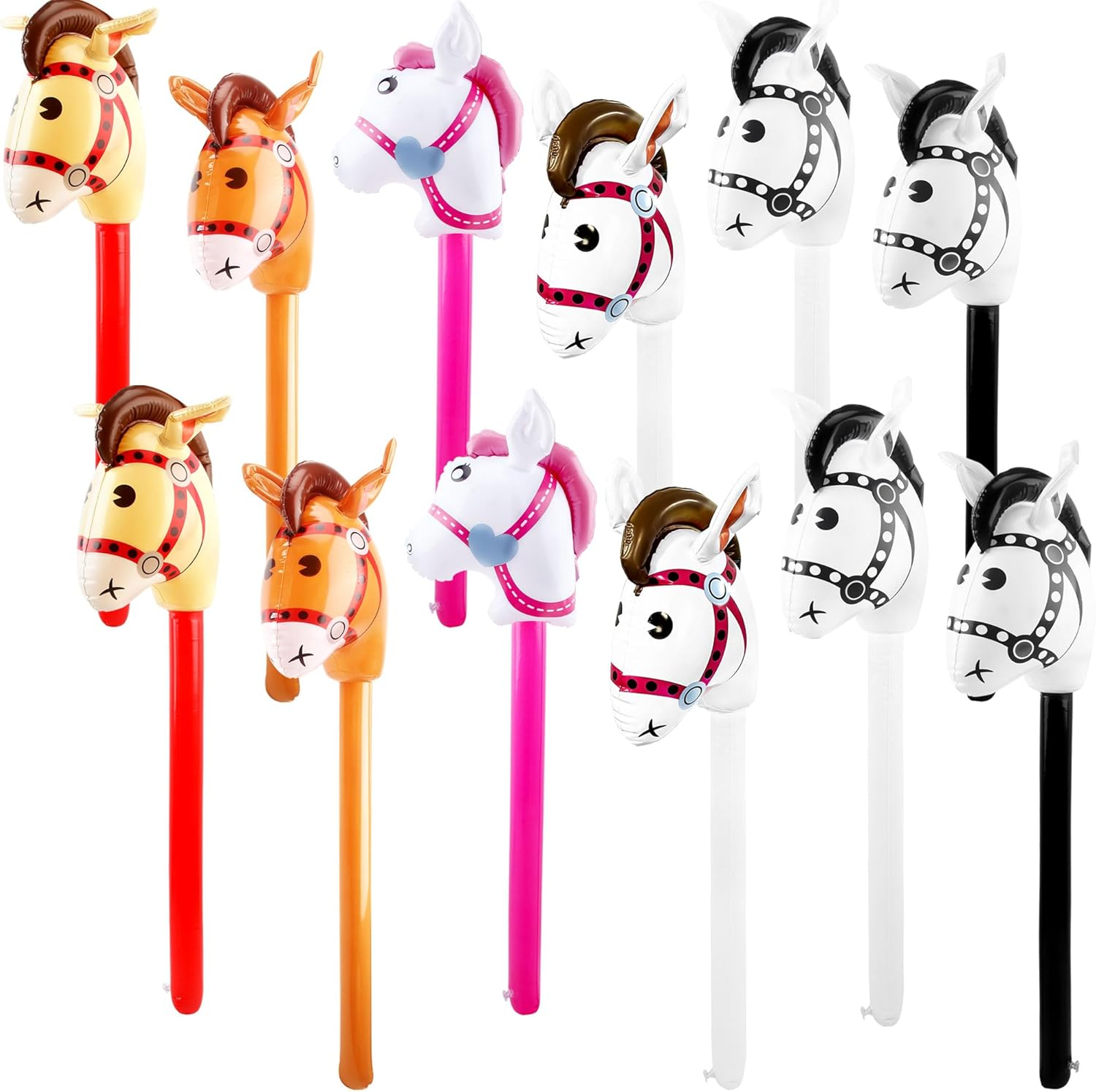 12 Pack Inflatable Stick Horse Bulk Colorful Inflatable Horsehead Stick Balloon Cute Blow up Pony Stick for Kids Birthday Cowboy Horse Theme Party Supply, 6 Colors (Color Set 2)