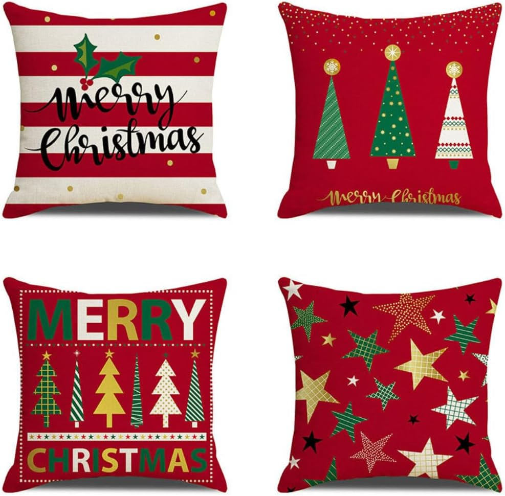 Christmas Cushion Covers 18X18 Inch, 4 Pack Pillow Covers Christmas Tree Snowflake Reindeer Santa Claus Linen Throw Pillow Cases for Home Decor, Bedroom, Sofa Christmas Decor New - A image number 3