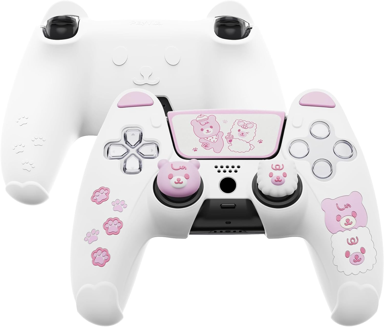 Playvital Cute Bear Controller Silicone Case for Ps5, Kawaii Controller Cover Compatible with Charging Station, Gamepad Skin Protector for Ps5 with Touch Pad Sticker & Thumb Grips - White & Pink - Pink  Yellow image number 6
