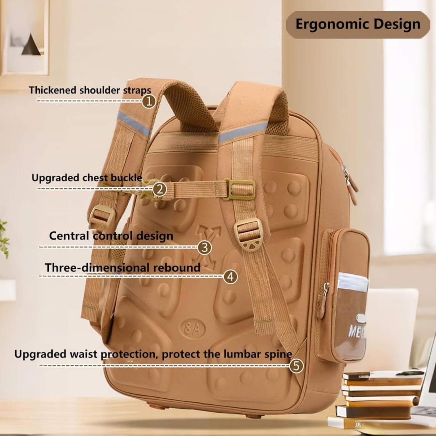 Mochila Capybara Backpack for School Kindergarten Kids Cute Cartoon Large Size Travel Book Bag with Suppes Stationery Set 1 Pencil Case Three Cards 6 Badges and 1 Plush Pendant Brown Schoolpack image number 3