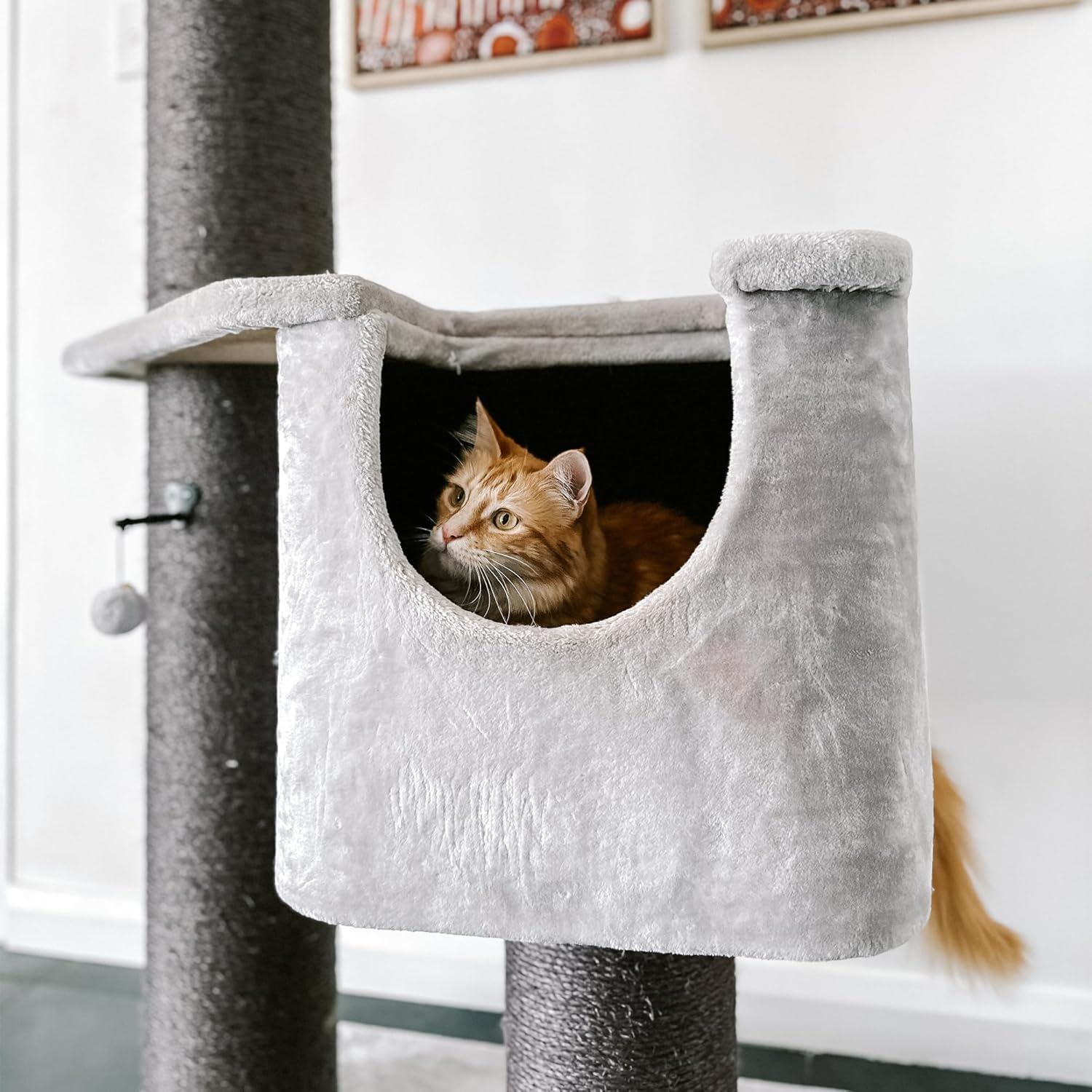 Cattitude Cat Scratch Playground Condo Grey, 158Cm Height - Cat House, Sisal, Hanging Pom Poms, Soft Plush Material, Multi-Level Cat Tree image number 4