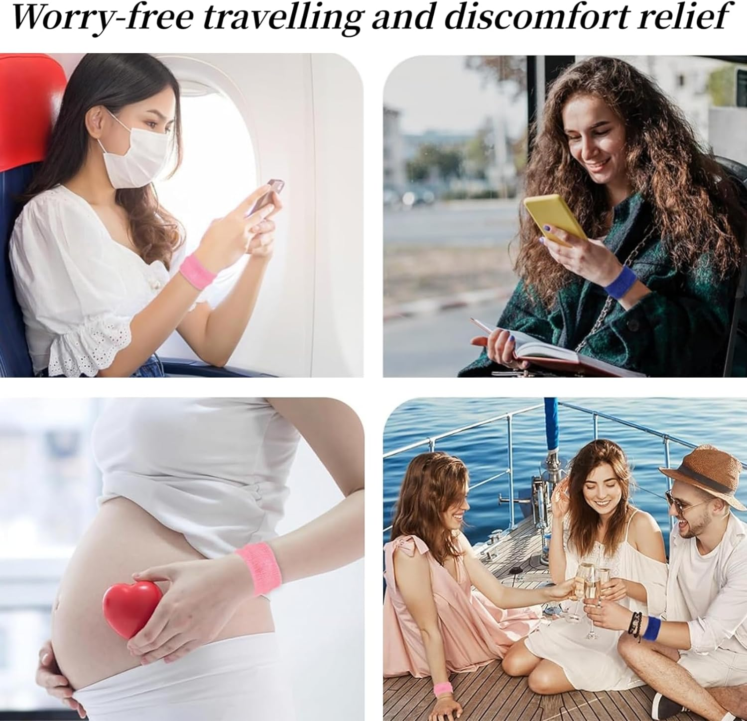 8 Pcs Travel Sickness Bands,Sea Band,Motion Nausea Bands,4 Colours Wristbands(Black, Grey, Blue and Pink) image number 2