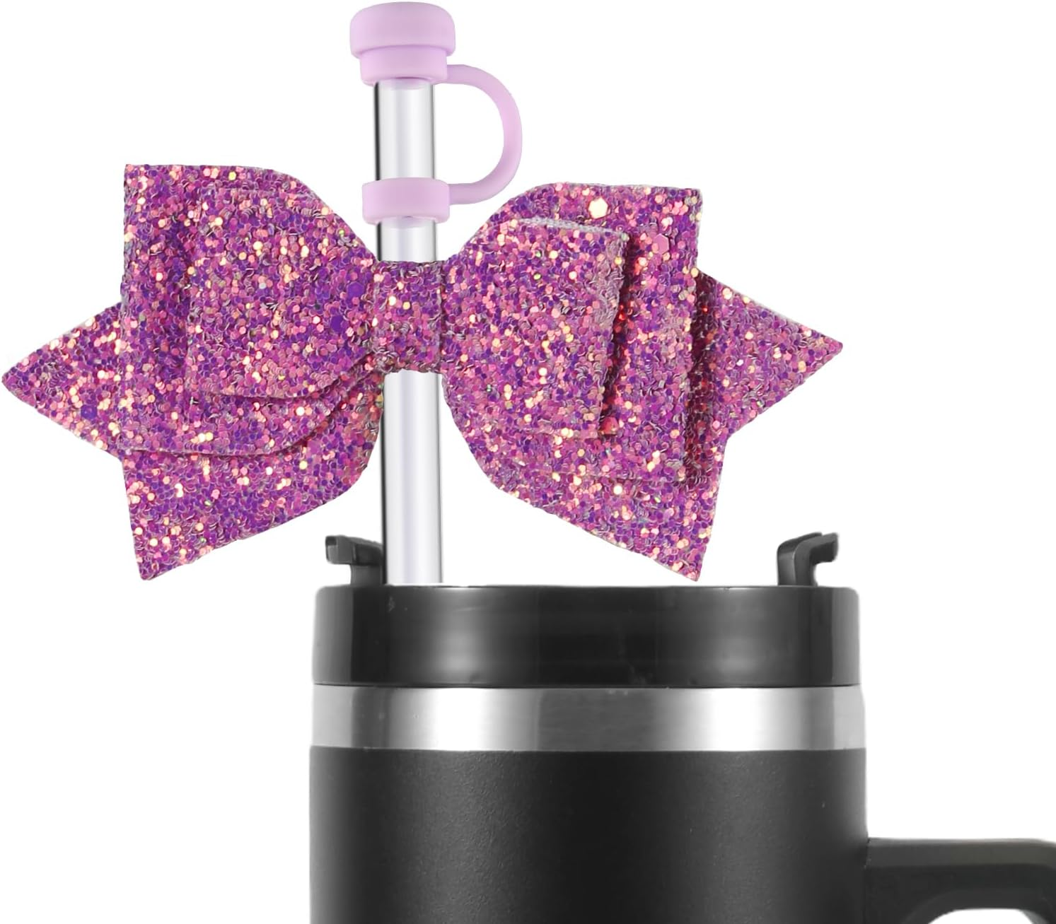 2Pcs Bow Charms & 2Pcs Straw Toppers, Cute Straw Lid Cover Caps Decorations Decor Accessories for Stanley Cup (Purple)