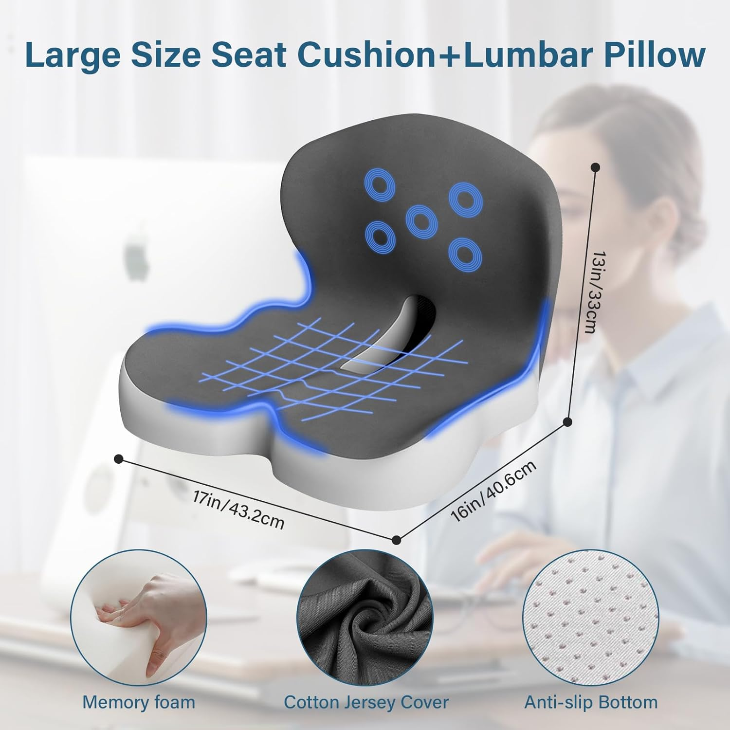 Office Chair Cushion with Lumbar Support Pillow Memory Foam Seat Cushions Ergonomic Dual Layer Integrated Back Pillow for Sciatica Pain Relief for Office Gaming Chair image number 5