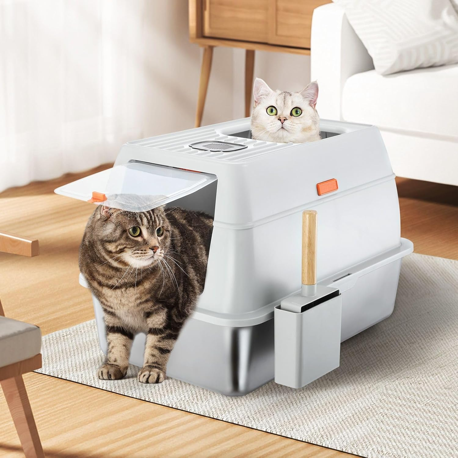 Pet Scene 2In1 Cat Litter Box Cat Enclosed Potty Pan Semi Covered Toilet Modular Tray High Sided Furniture, with ABS Lid Carbon Filters image number 3