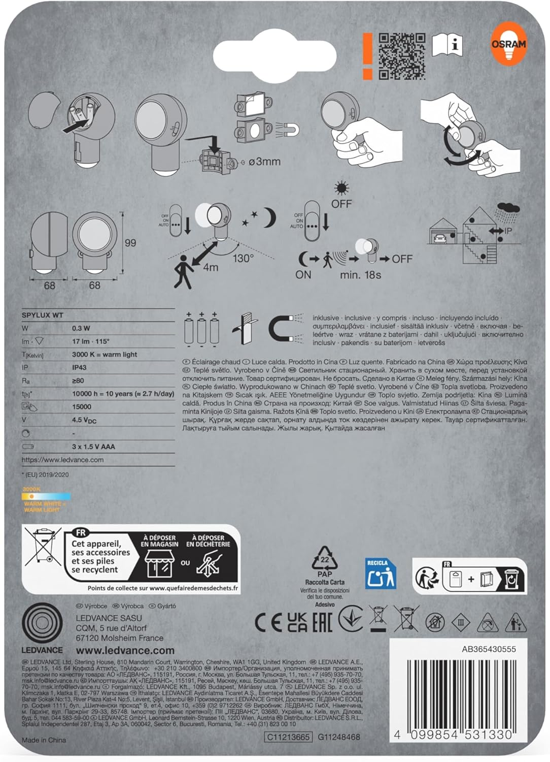 OSRAM LED Motion Sensor Night Light Battery Operated 3000K Warm White IP43 Protection Includes Batteries and Magnetic Holder image number 1