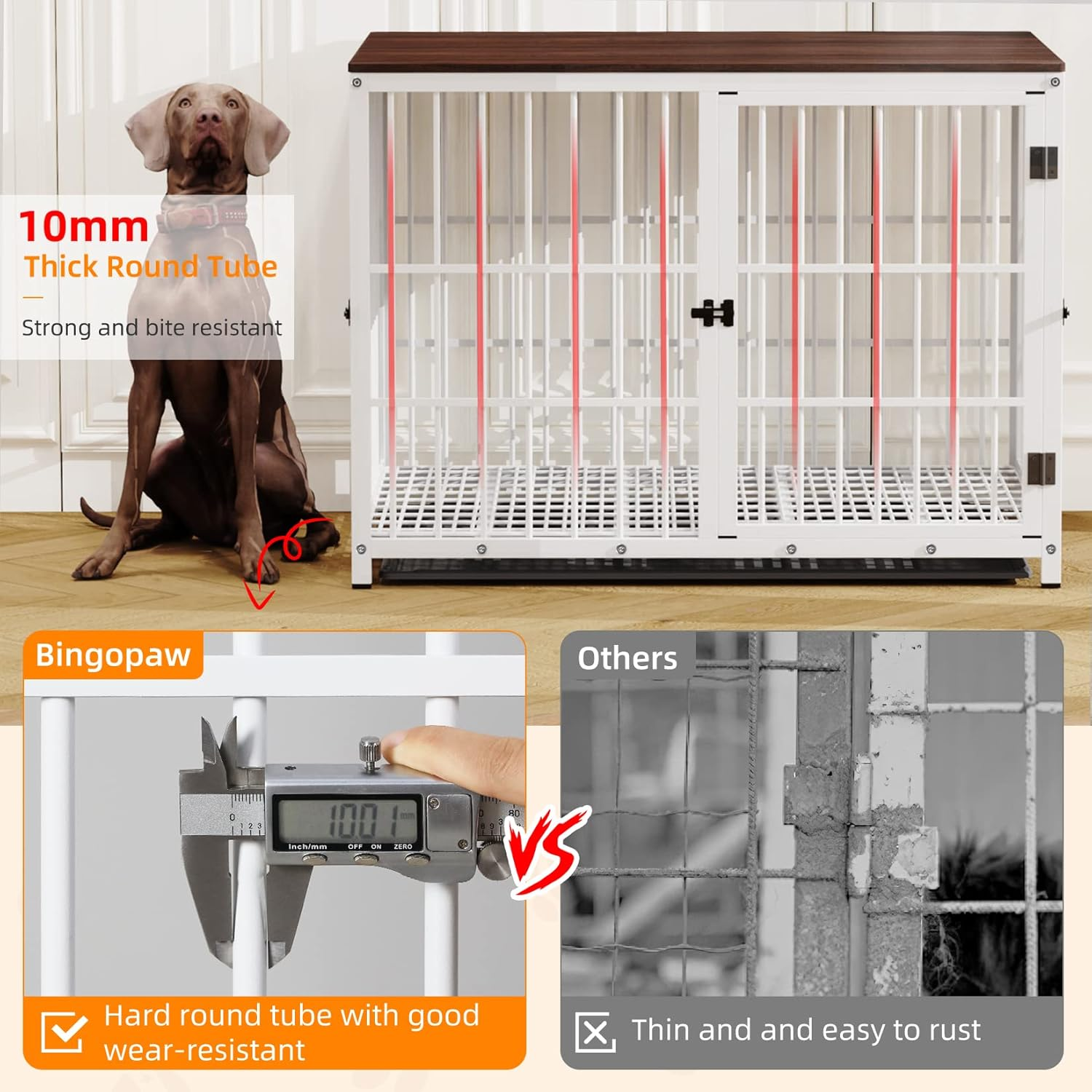 Bingopaw Wooden Dog Crate Indoor: 42Inch Furniture Style Pet Cage Pet Kennel End Table with Three Doors and Removable Tray for Large Dogs White