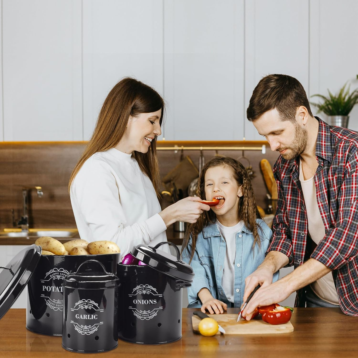 Set of 3 Potato Onion Garlic Storage Bins Kitchen Vegetable Storage Tins Potato Storage Jars with Lids Onion Storage Containers with Ventilation Holes Keeps Vegetables Fresh Longer (Black) - Grey image number 5