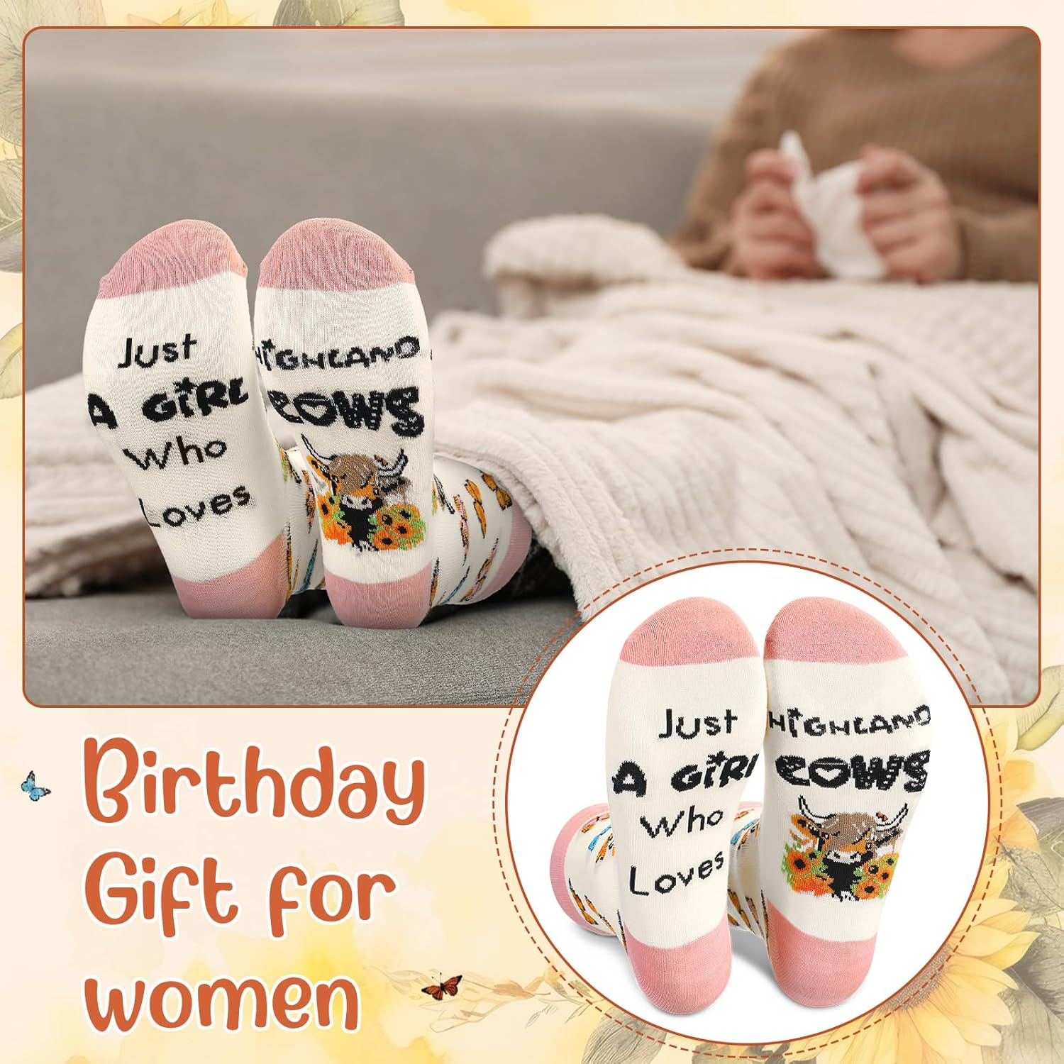 Xuniea 3 Pcs Highland Cow Gift Set for Women Cow Lover Highland Keyring Cattle Makeup Bag Cotton Socks Just a Girl Who Loves Gifts Cute Animal Themed Party Supplies for Birthday Graduation image number 2