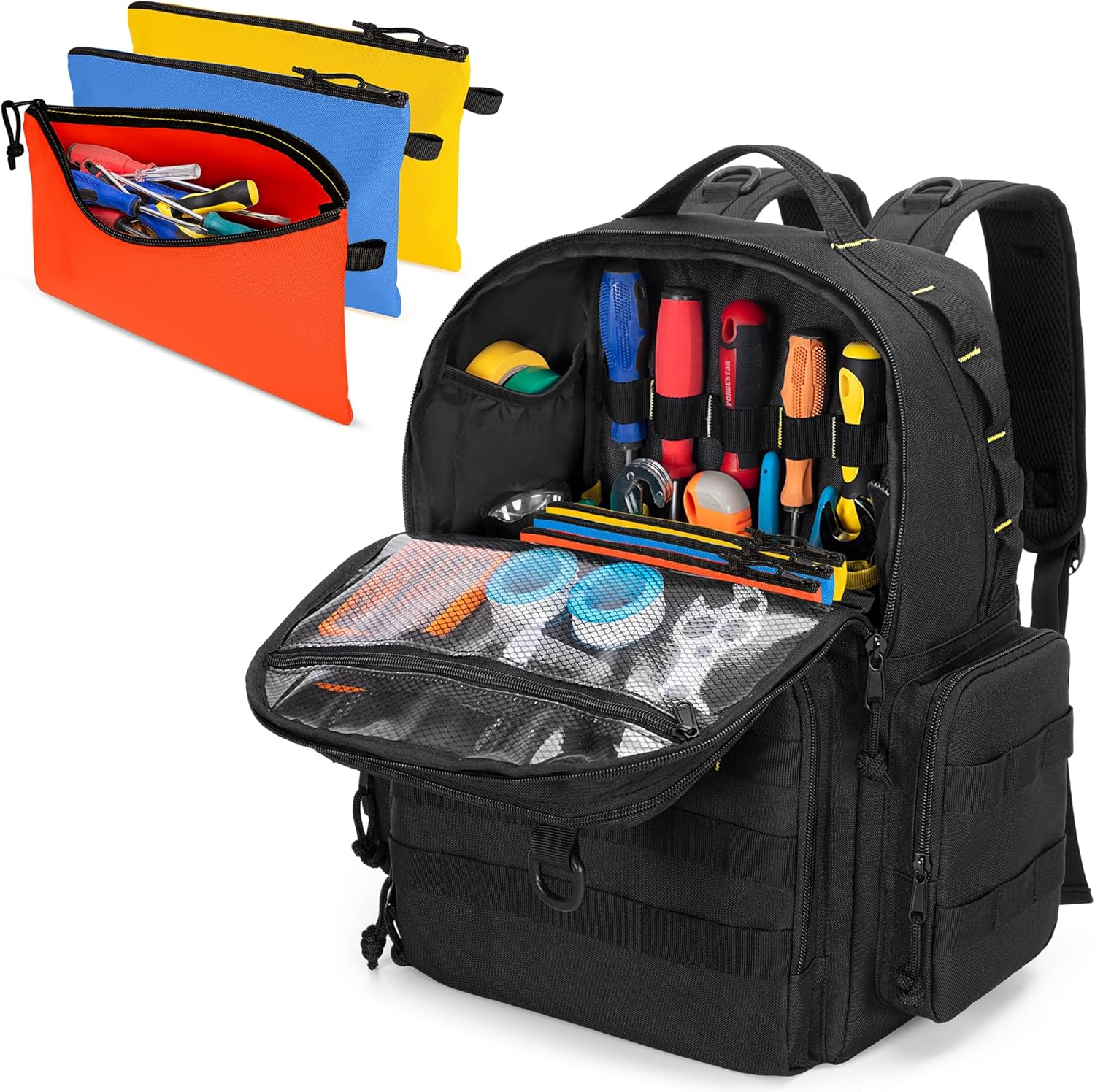 Rexmica Tool Backpack for Men with 3 Small Tool Pockets Organizer Bag for Tool Storage, Tactical Work Tool Bag for Electricians, Craftsmen, Black