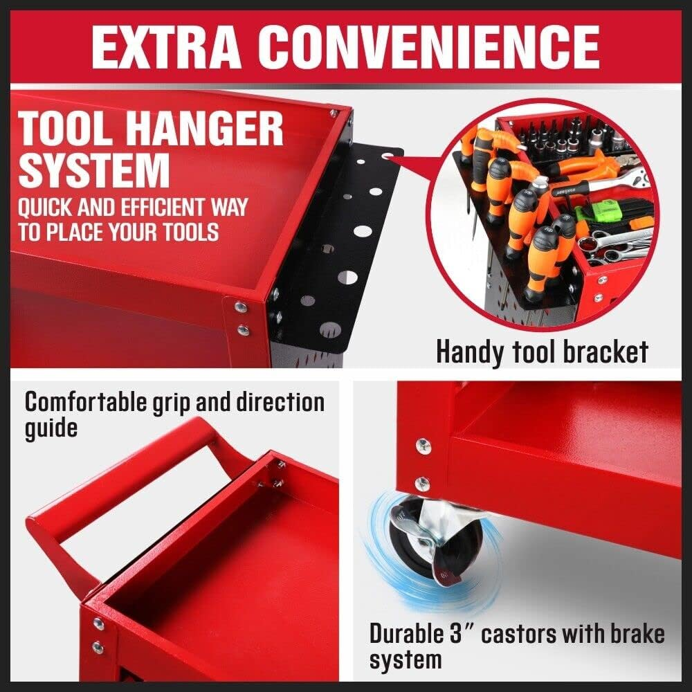 HORUSDY 3-Tier Tool Storage Trolley, Workshop Steel Cart Mechanic Swivel Lock Wheel with Pegboard, Hooks and Screwdriver Holder (RED) image number 6