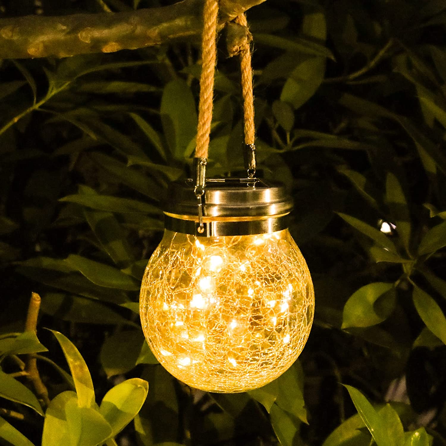 Garden Solar Lights, Cracked Glass round Ball Light Outdoor Decor, Waterproof Decorative Warm White LED Globe Light for Landscape Walkway Backyard Patio Yard Lawn Pathway Garden Decoration (Hanging Light) image number 1