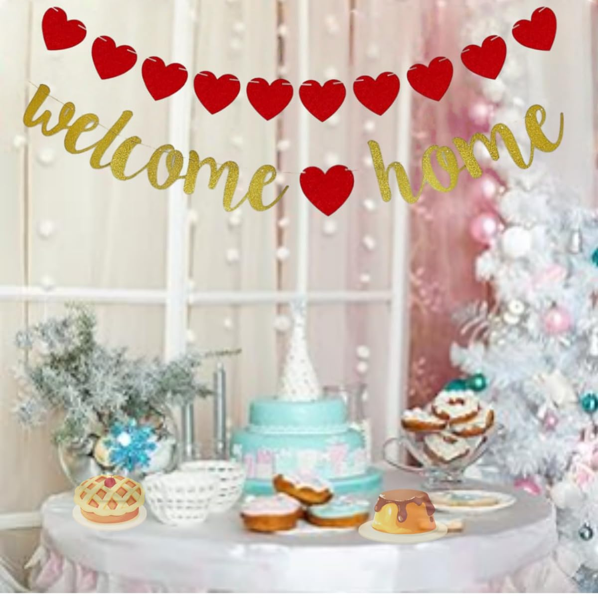 Welcome Home Banner, Welcome Home Decorations Banners Flag, Pre-Strung Shiny Party Decoration with Heart Garland, Housewarming, Family Reunion,Rustic Bunting Garland Family Gathering Photo Booth Props image number 1