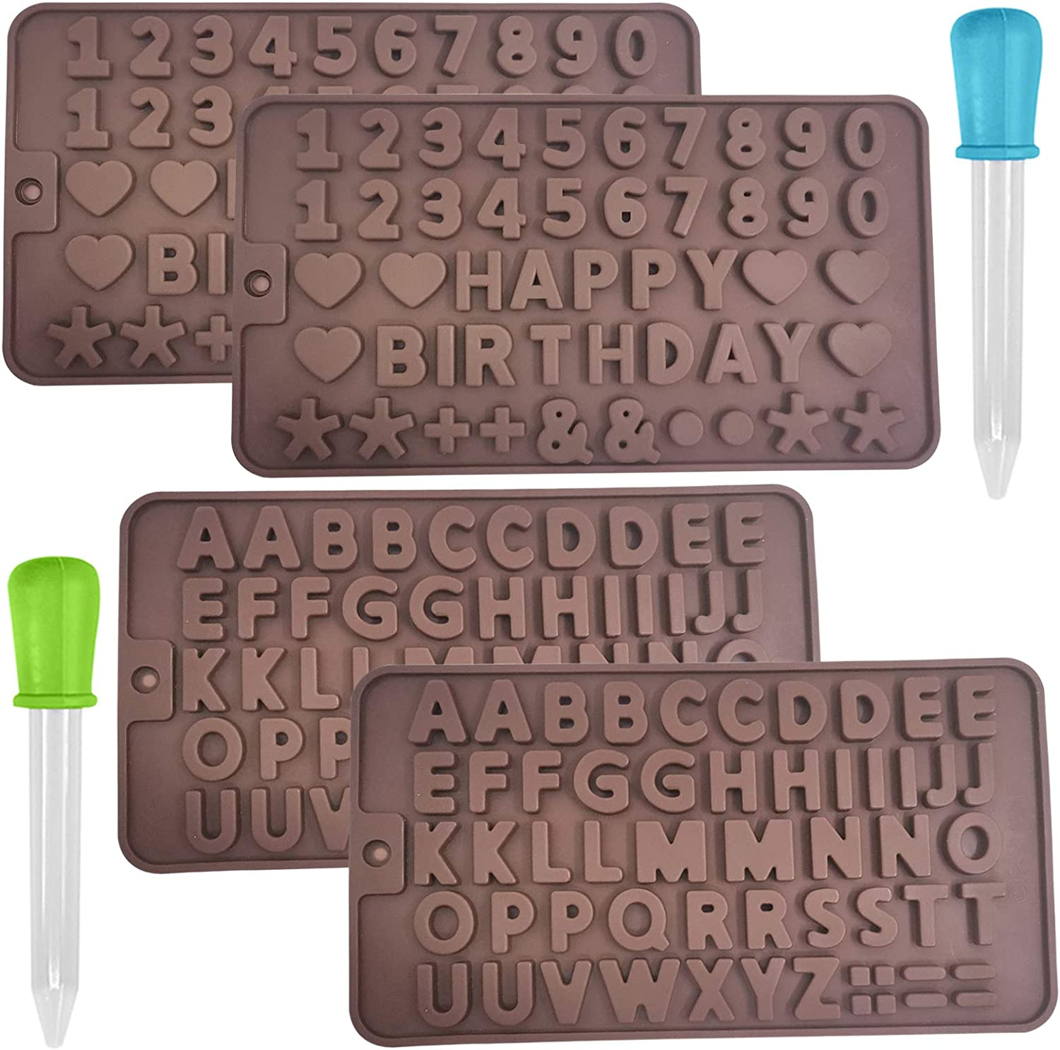 4 Packs Letters and Happy Birthday Numbers Symbols Mold with Liquid Droppers, Sourceton Chocolate Decorating Silicone Tray and Droppers image number 1
