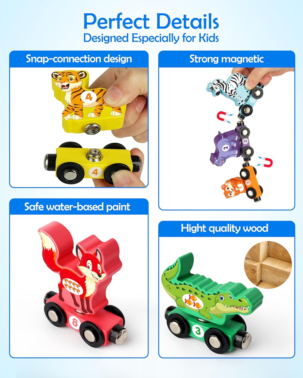 Vanmor Wooden Train Set with Animal Toys, Snap-Connection Animal Train, Matching and Magnetic Number Trains Learning Toys, Fine Motor Skill Educational Toy Gift Aged 3 4 5 Years Old Kids image number 4