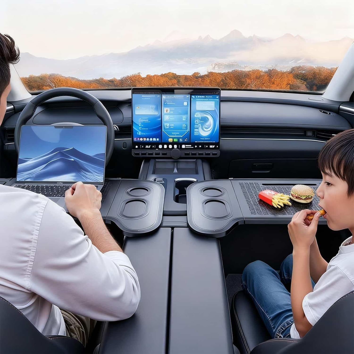 Car Tray,Foldable Car Table Tray | Food Desk Work Stand | for Camping Meeting Work Eating Travel Truck Van Snack Cup Computer Laptop Road Trip image number 1