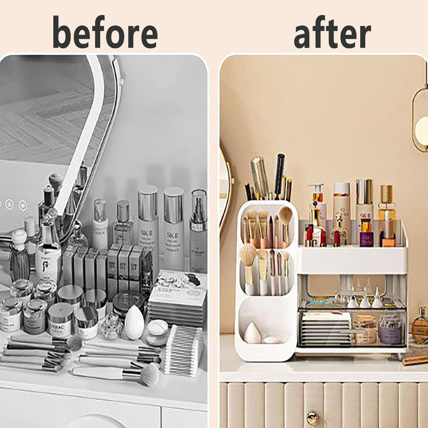 SYGELER Makeup Organizer with Drawers, Brush Holder, Bathroom Vanity, Storage and Organizing Box, White Skincare and Beauty Tool Storage Box image number 2