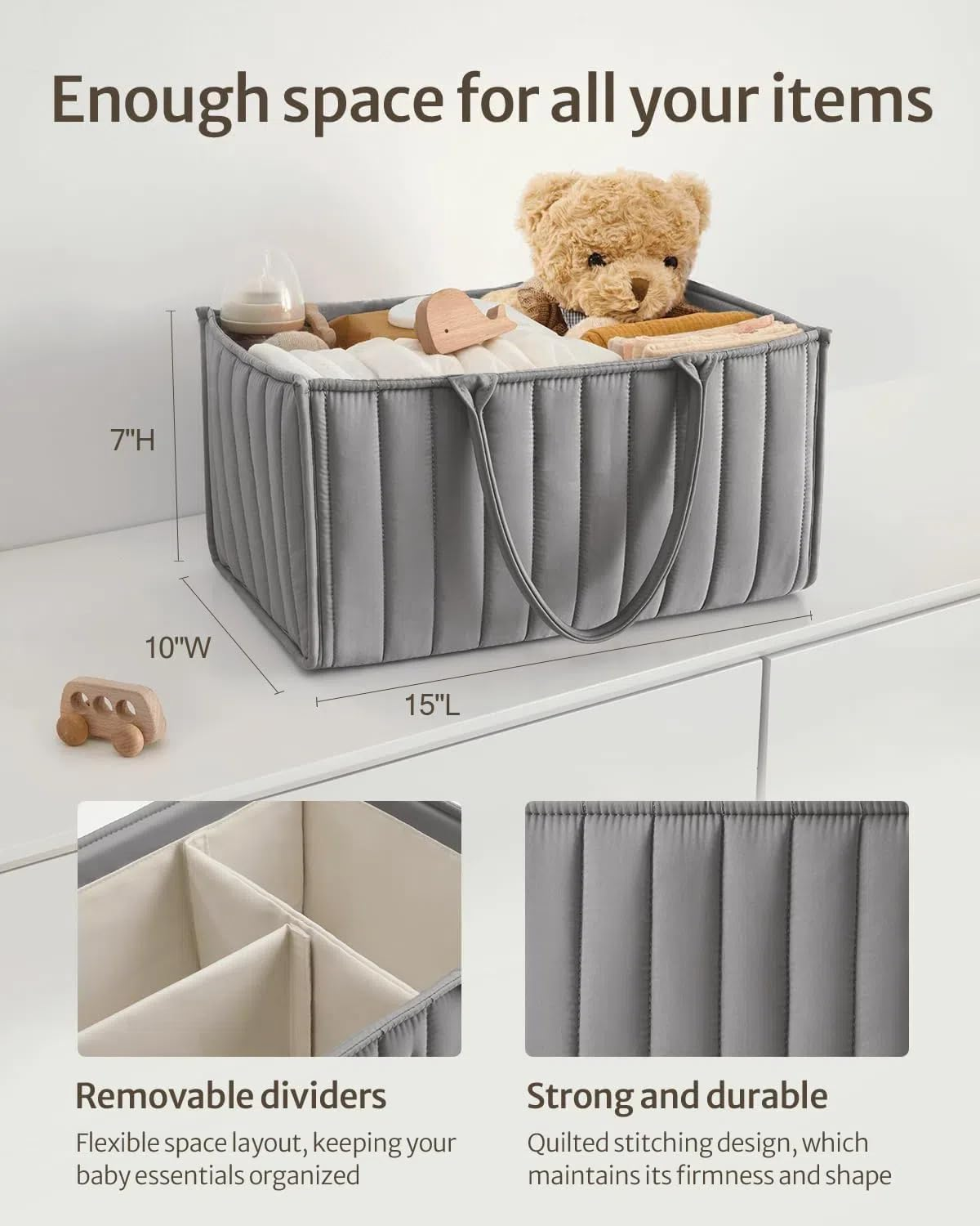 Baby Diaper Caddy Organizer, Nursery Storage Basket for Newborn Essentials and Diaper Station, for Baby Shower and Registry Must-Have, Gray image number 5