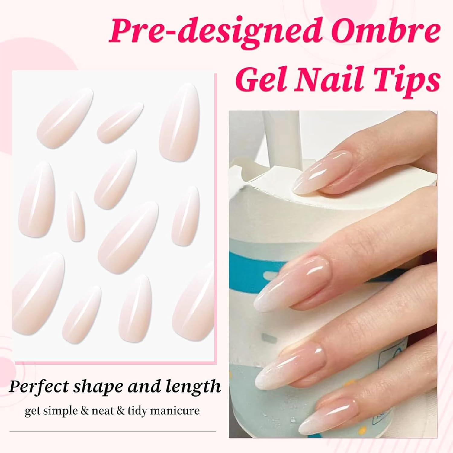 Qioon 24 Pcs Short Almond Press on Nails, French Tip Gradient Fake Fingernails with Adhesive Tabs, Light Color Stick on False Nails for Women and Girls image number 6