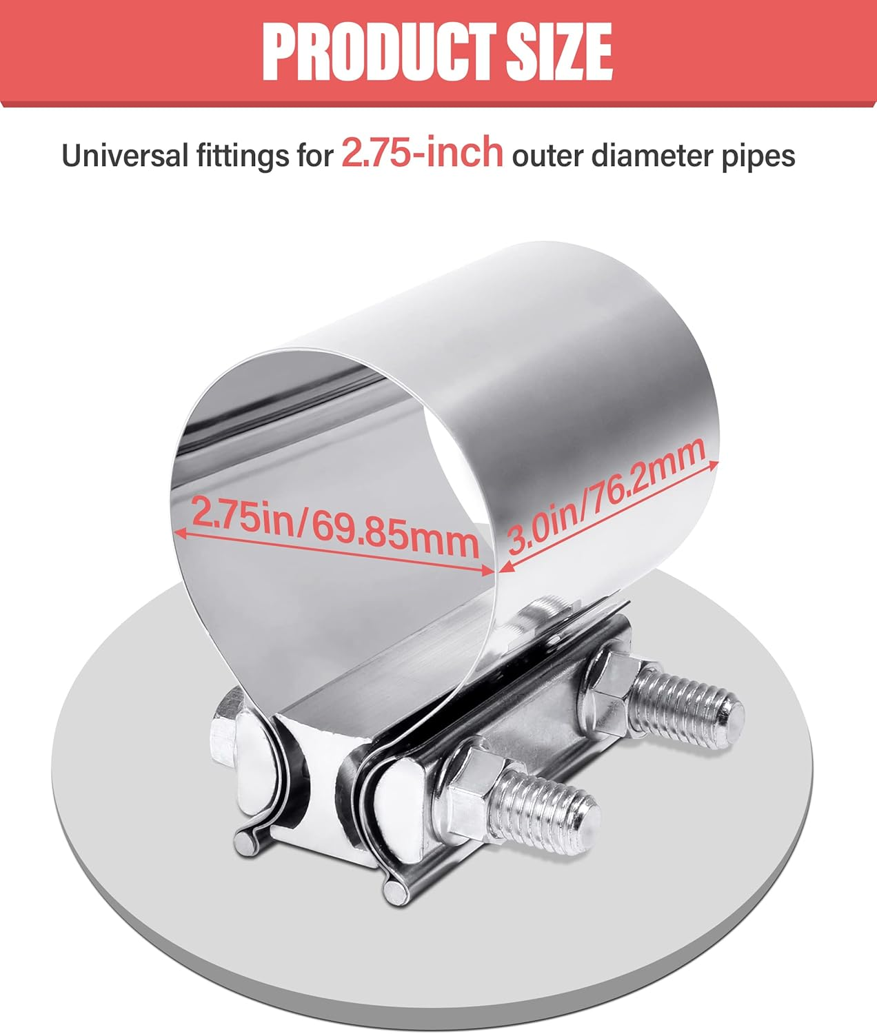 Zlirfy Stainless Steel Exhaust Clamp, Universal 2.0'-4.0' Butt Joint Clamp Band, Fit for 2.75' Exhaust Pipe