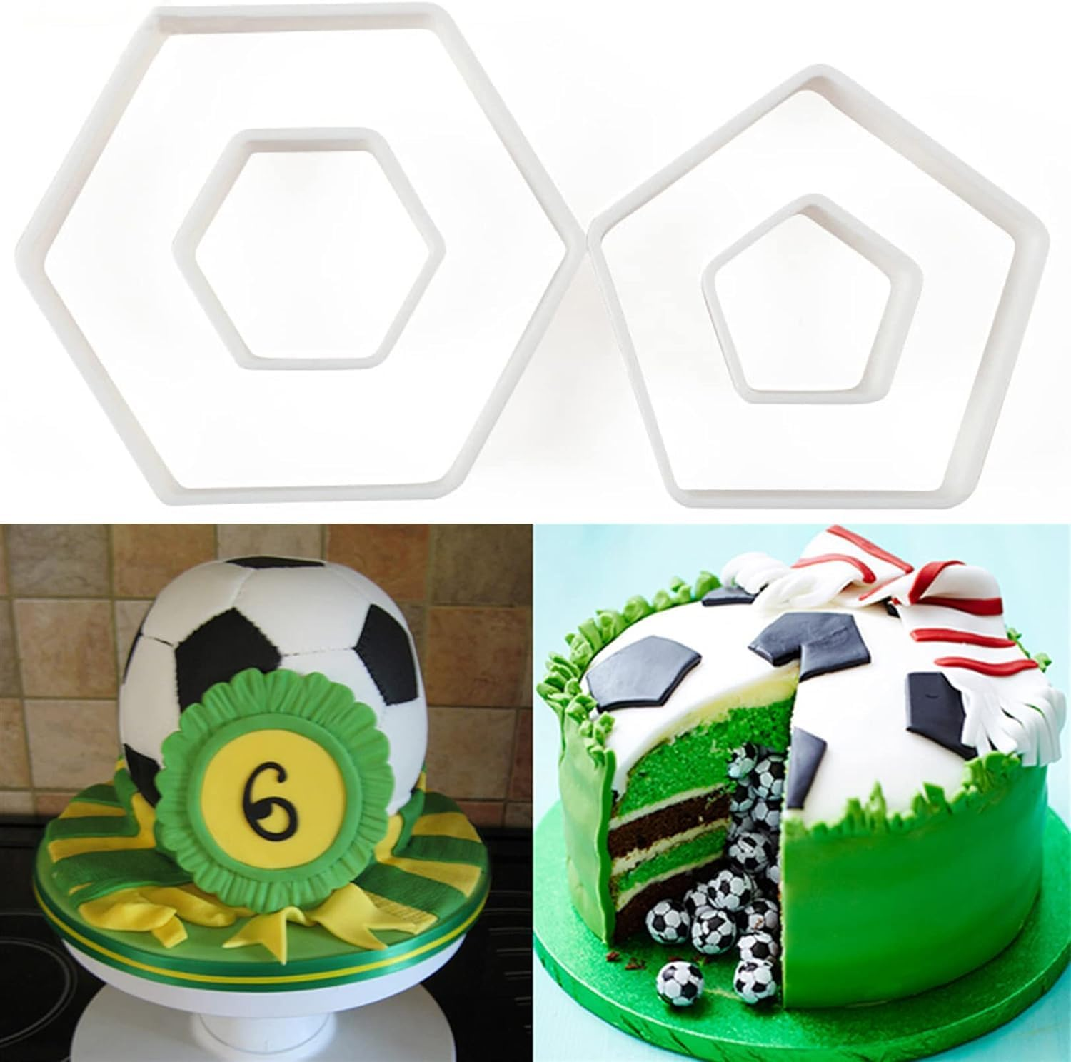 4 Pcs Soccer Ball Cookie Cutter,Hexagon Cookie Cutter,Football Cake Fondant Cutter Funny Biscuit Cutters,Multi Size Football Soccer Pattern Cutters Mould for Baking Cake Decorations image number 1