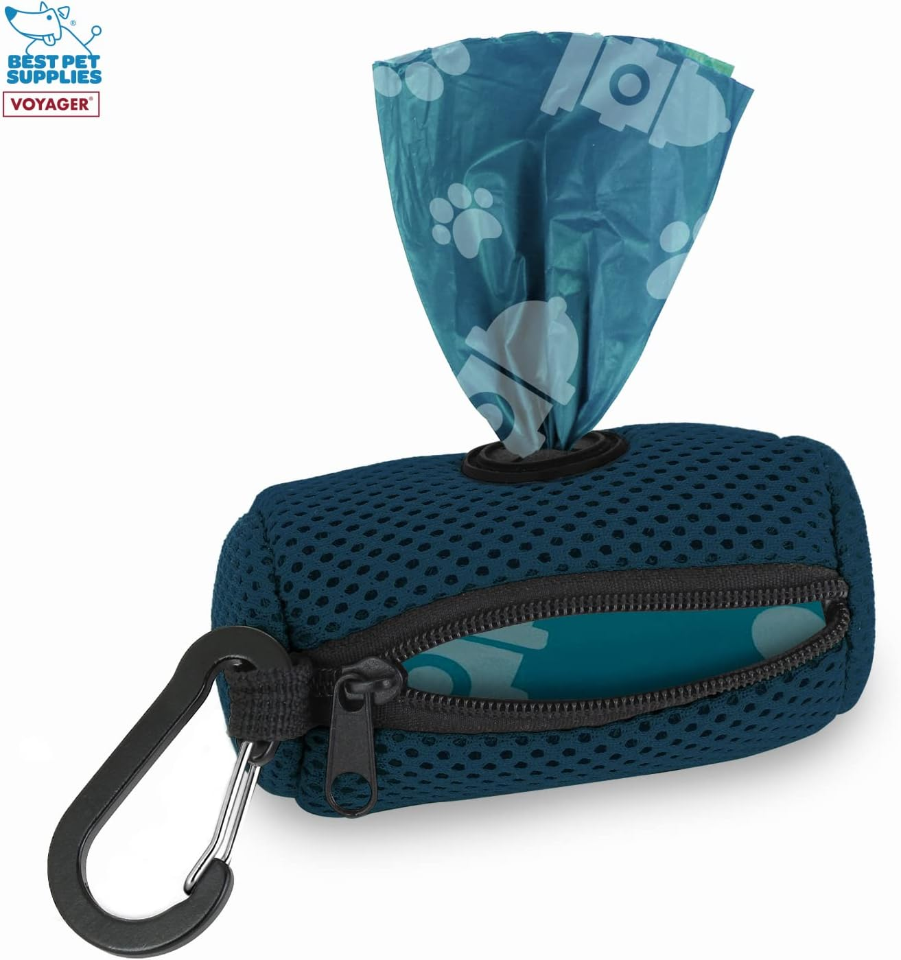 Best Pet Supplies Dog Poop Bag Holder Leash Attachment with 15 Bags, Blue, Reusable Mesh Dispenser Pouch for Travel, Walking, Park, and Outdoor Use, Soft and Durable with Clip-On image number 2