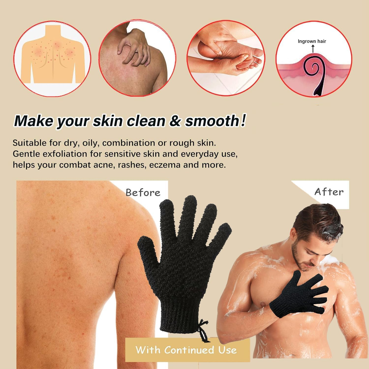 Bath Exfoliating Gloves Scrub - 4 Pcs (2Pairs) Lengthened and Large Exfoliating Scrubbing Gloves for Shower, Spa, Massage - Scrub Exfoliating Mitts for Body, Face, Hand and Foot (Black and Gray) (2 Pairs Gray) image number 2