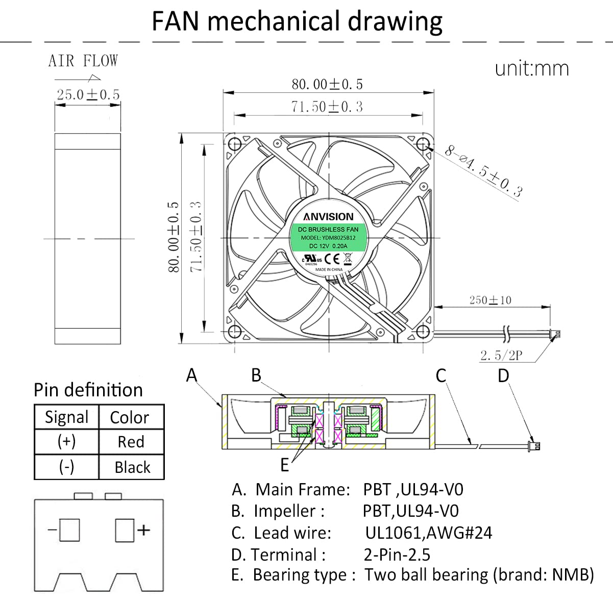 ANVISION 80Mm X 25Mm DC 12V Brushless Cooling Fan, Dual Ball Bearing, 2-Pin image number 1