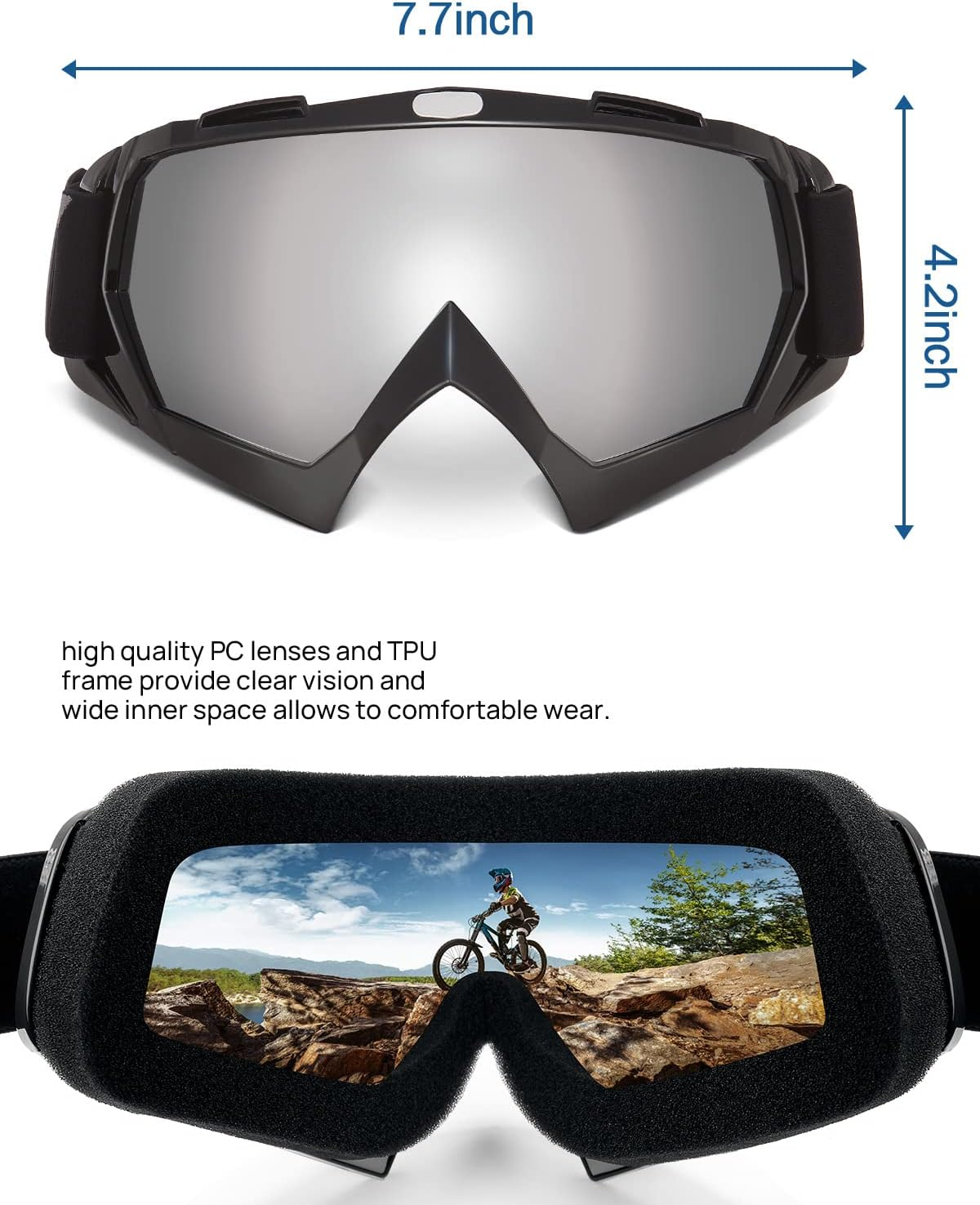 KEMIMOTO Dirt Bike Goggles Motocross Goggles ATV UTV Goggles anti UV Riding Goggles - Black-Colorless Lens image number 3