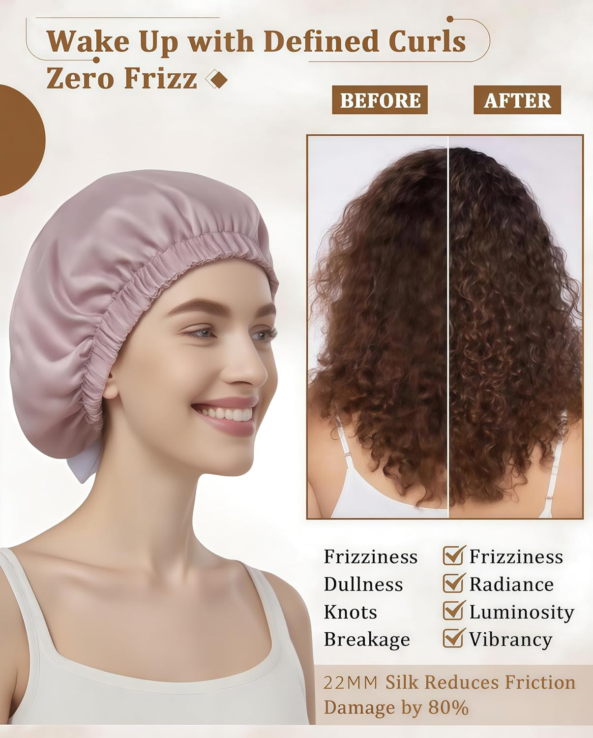 100% Mulberry Silk Bonnet for Sleeping, Double Layered 22 Momme Silk Hair Wrap with Adjustable Elastic Band, Soft & Breathable Pure Silky Hair Bonnet Reduce Frizz (Bean Paste) - Bean Paste image number 5