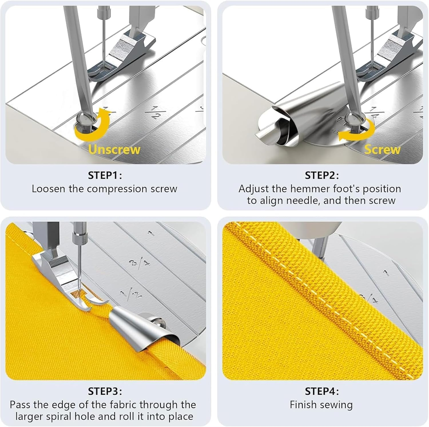 XUANZHI 4Pcs Universal Sewing Rolled Hemmer Foot, Wide Rolled Hem Pressure Foot,Size 3/4/5/6Mm,Home Industrial Curved Scroll Hemmer Foot image number 3