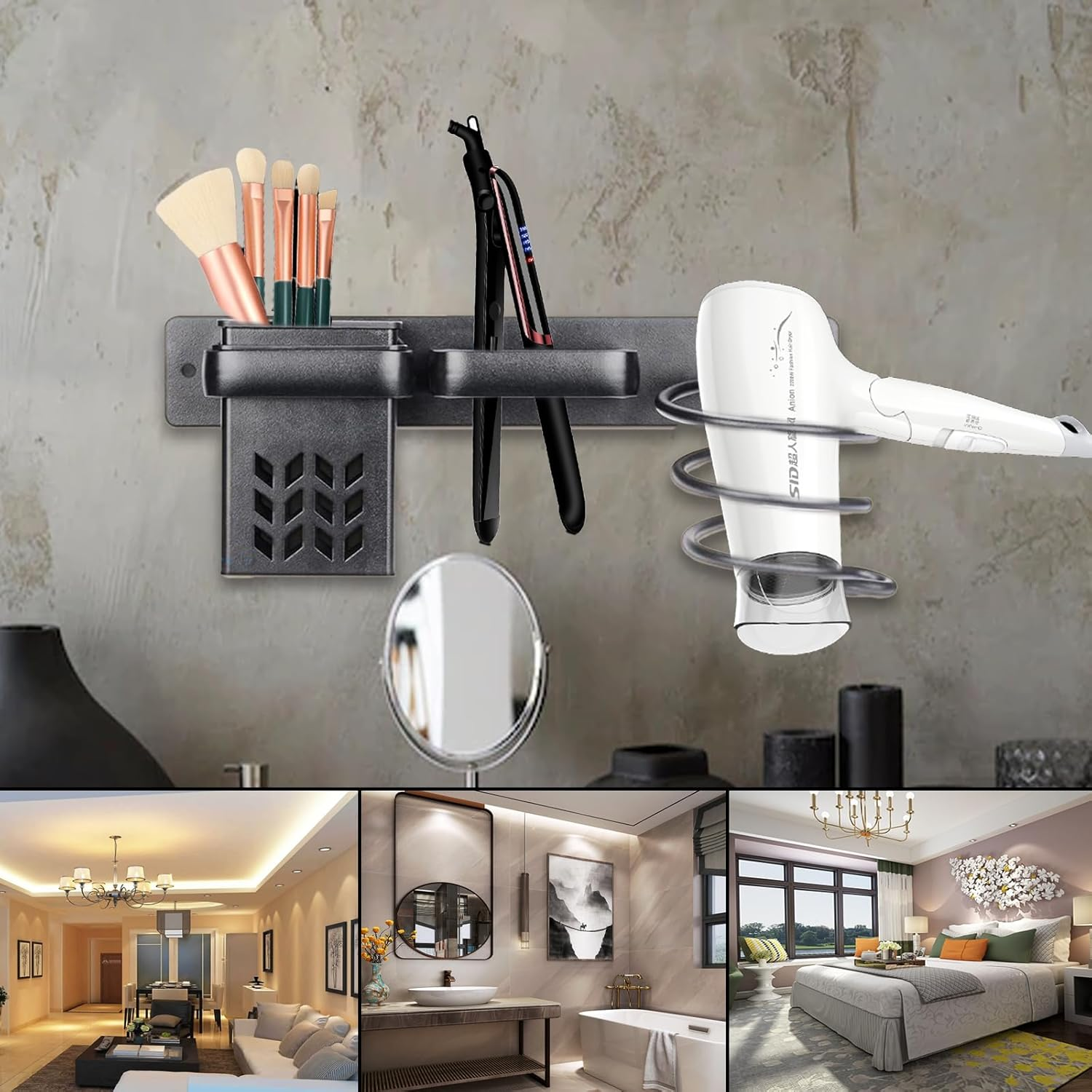 Teaque Hair Dryer Holder, Hair Dryer Holder, Wall No Drilling, Aluminium Hair Dryer Holder with Plug Holder & Storage, Bathroom Organiser for Hotel, Bathroom, Living Room, Barbershop (Black) image number 2