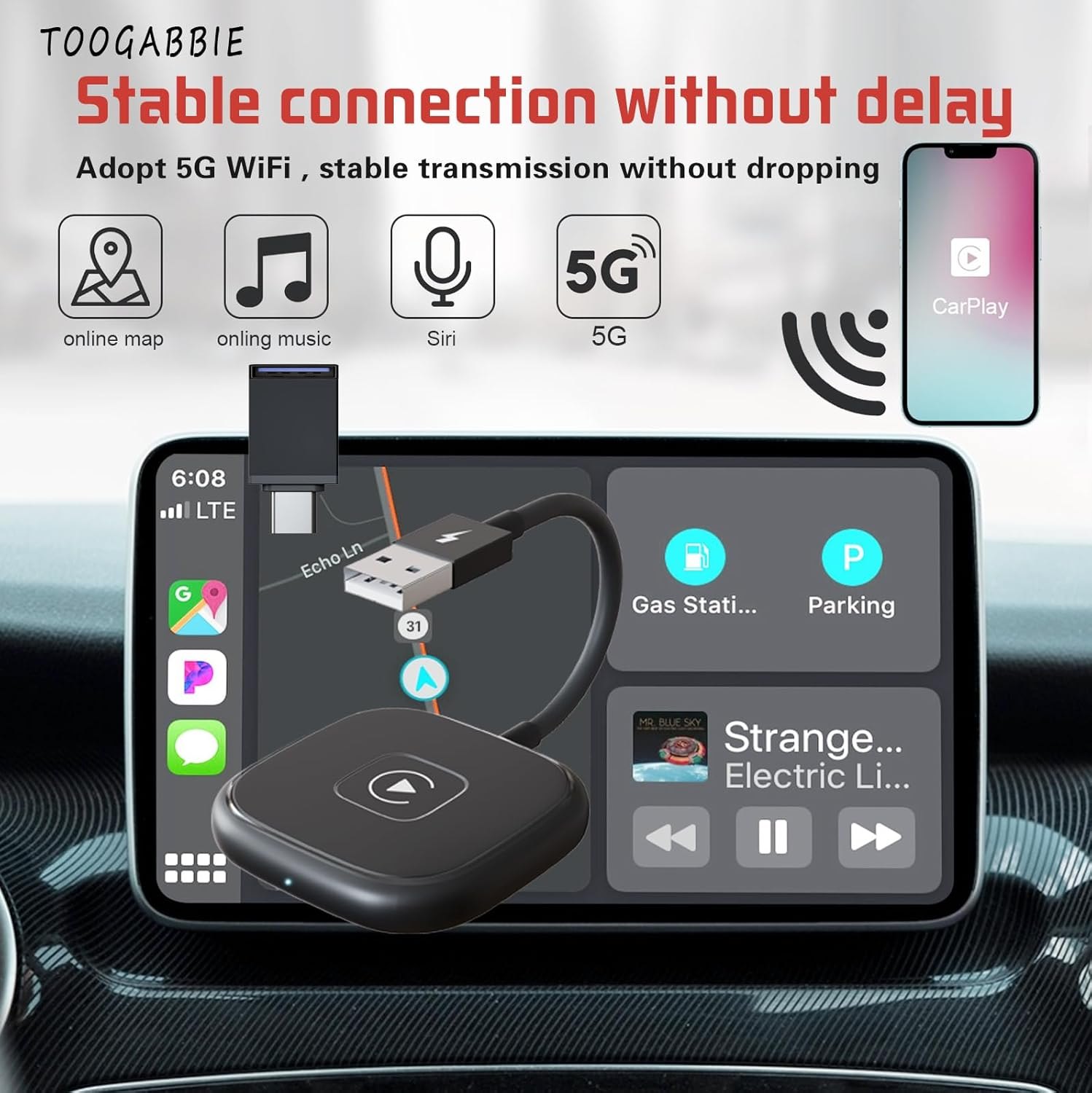 Iphone Wireless Carplay Adapter, Apple Carplay Wireless Adapter, Wireless Apple Carplay, Plug & Play Wireless Carplay Dongle 5Ghz Wifi Online Update,Low Latency,Easy Use Compatible with Ios 10+ image number 1