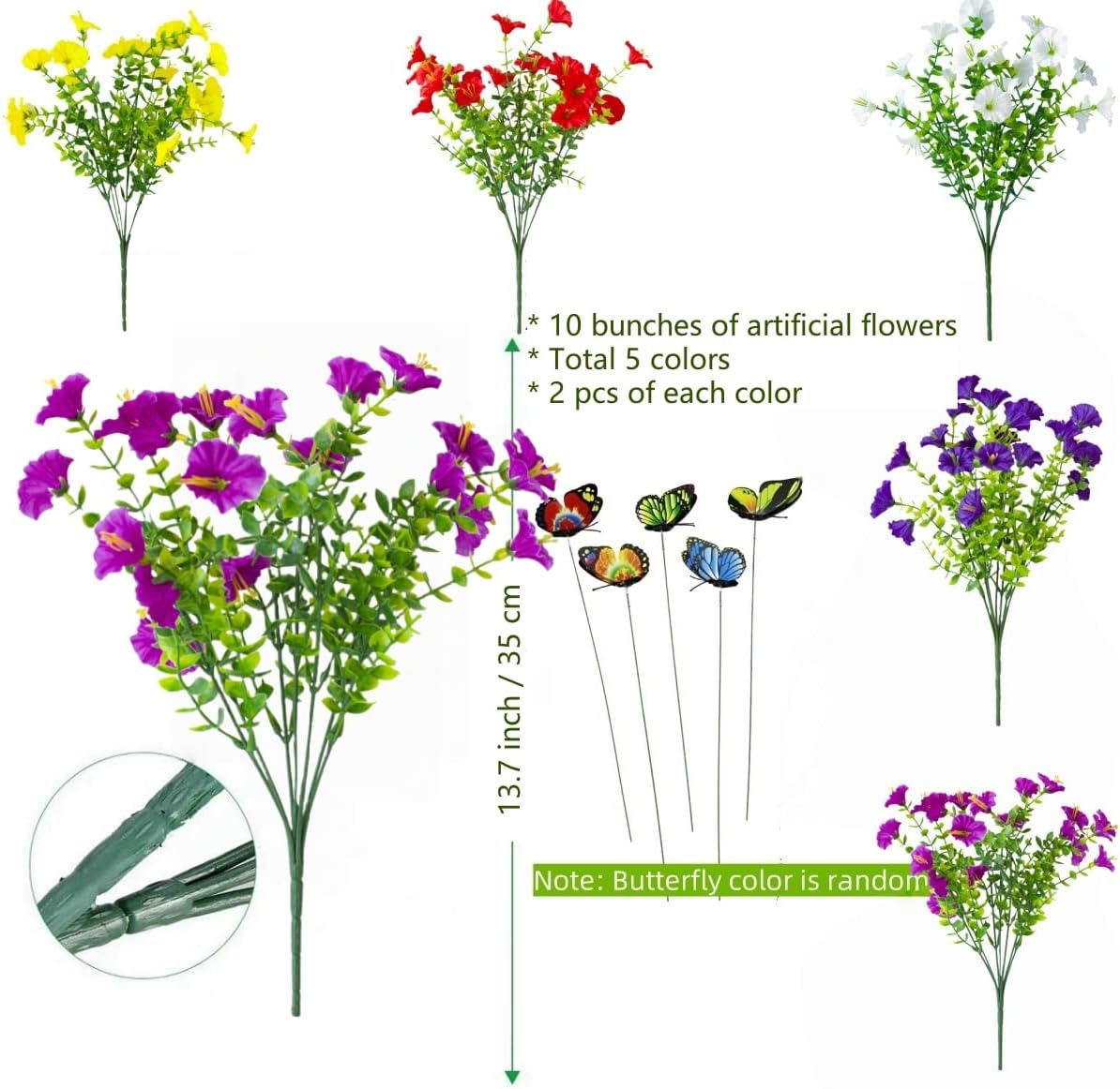 Artificial Flowers for Outdoor Decoration Faux Plants Flowers, 10 Bundles Summer Fall Flowers Autumn Spring Decoration, Fake Silk Colorful Flowers for Garden Porch Wedding Home Decor image number 1