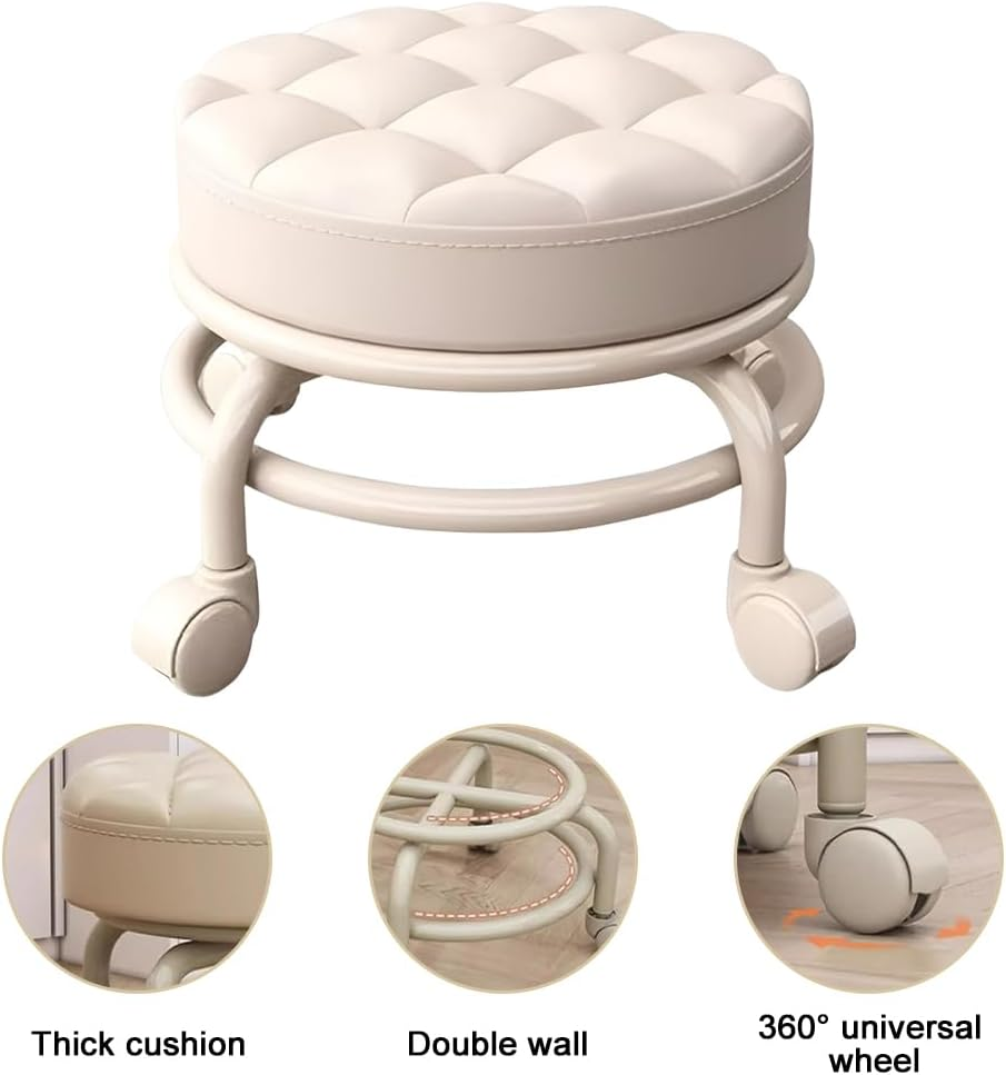 TOMVAES Roller Seat PU Leather Low round Rolling Stool 360&deg; Swivel Small Stool with Universal Caster Wheels Foot Stool for Home Office Shop Fitness Sport image number 2