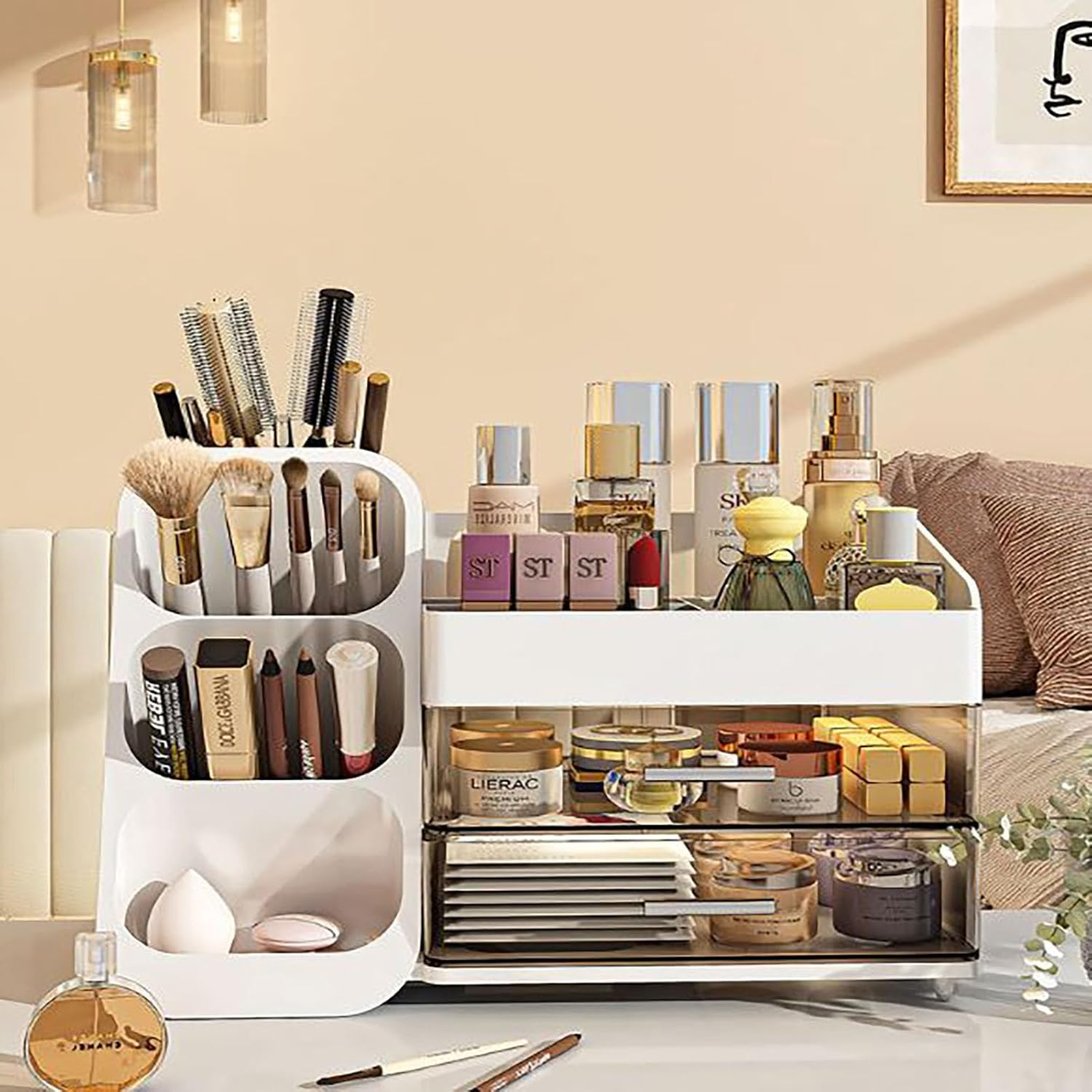 SYGELER Makeup Organizer with Drawers, Brush Holder, Desk Cosmetics Organizer with Large Capacity, Cosmetic Display Case for Make Up, Eyeshadow, Lotions, Lipstick, Beauty Essential image number 4