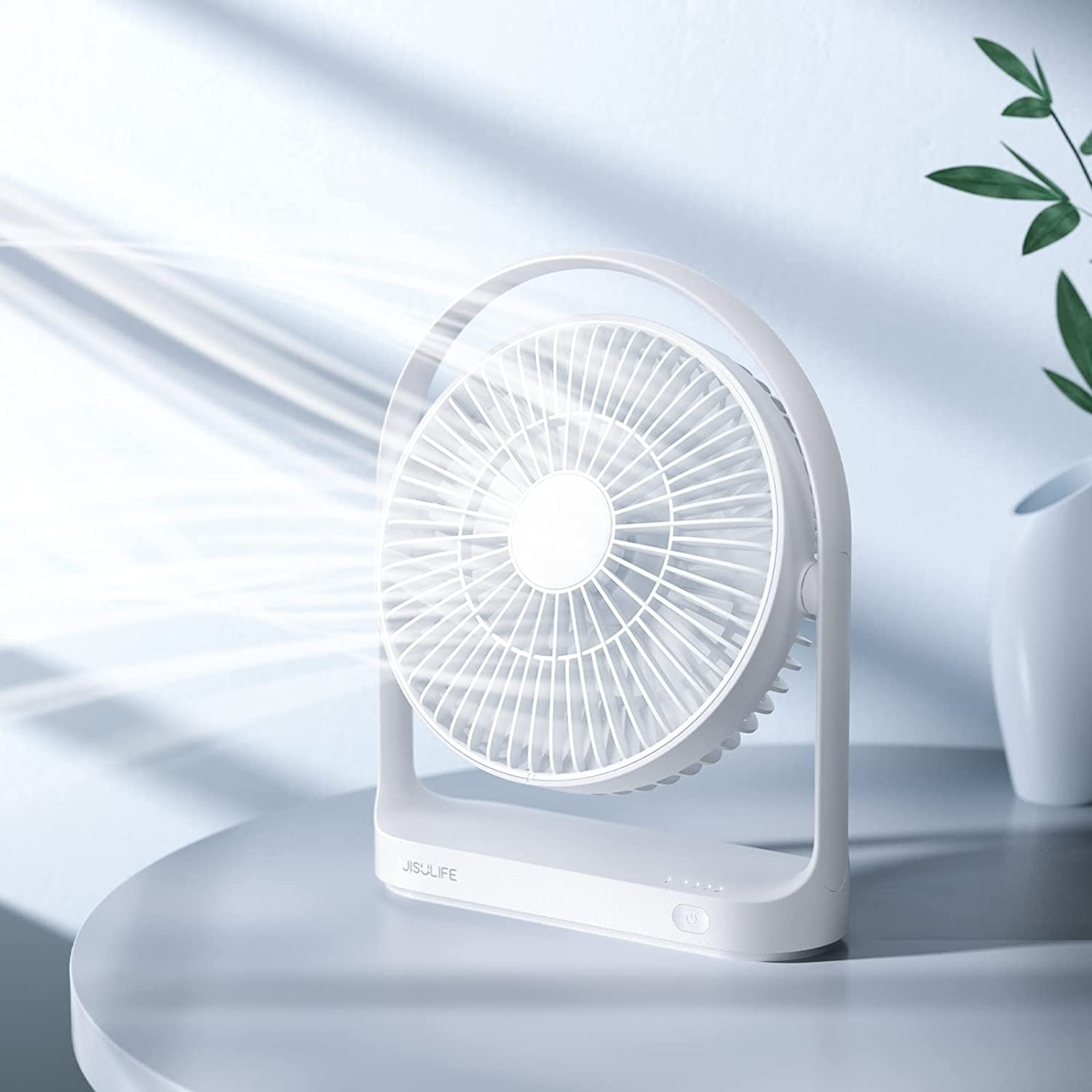 JISULIFE Desk Fan, Small Portable Battery Operated Desktop Fan with 4 Speeds, Max 15 Hrs, Strong Airflow, Ultra Quiet, 4000Mah USB Rechargeable Electric Table Fan for Office/Room/Travel-White