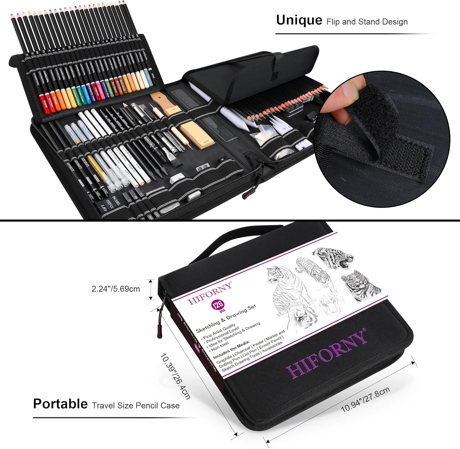 HIFORNY 126 PCS Drawing Kit Sketching Pencil Set,Sketch Pencils Art Supplies with 3-Color Sketchbook,Graphite,Charcoal,Blending and Drawing Tools,Drawing Pencils for Adults Artists in Zipper Case image number 5
