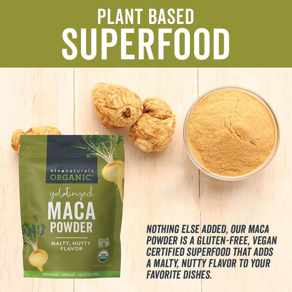 Organic Maca Powder 1Lb (16 Oz) Gluten Free Gelatinized Maca Powder for Easier Digestion, Certified Organic & Non-Gmo